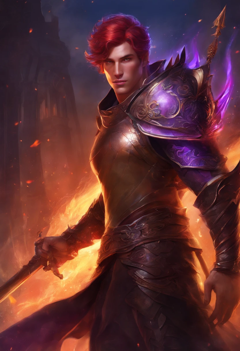 ((masterpiece)), ((best quality)), ((highres)),Rogue,nude, sexy,Red Hair,man, handsome, muscular, fantasy, art,magic,leather armor, leather, young man,young, handsome,fire, purple eyes, purple eyes,large dick