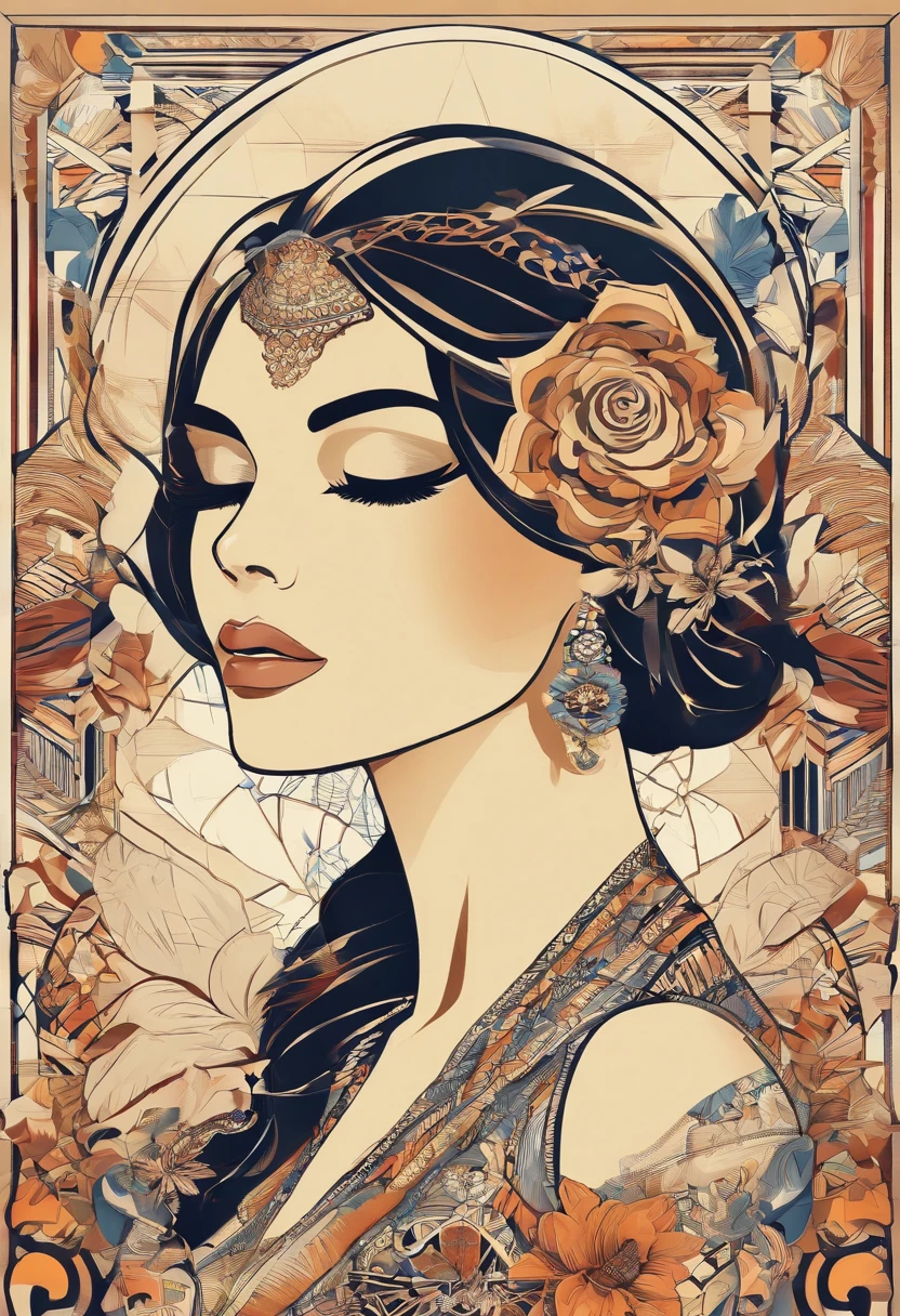 Chica de perfil rodeada de flores , with long eyelashes and long hair ,