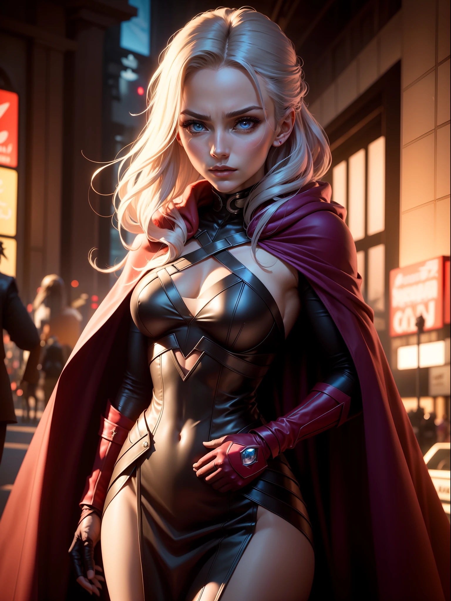 (New York: 1.5), (time square: 1.5), Scarlet Witch, whose real name is Wanda Maximoff, has magical powers and a connection to the Avengers. She has a distinct physical appearance and iconic costume. Here is a detailed description of her physical appearance and clothing: Physical appearance: Face: Gorgeous, 35-year-old woman, large intricate eyes, perfect, beautiful Hair: Wanda Maximoff has long and usually brown or dark brown hair. The length of the hair can vary in different representations, but it is often worn loose or with strands falling over the face. Eye: Her eyes are often portrayed as blue. In moments of intense magical or emotional activity, her eyes may glow a brighter shade of intense violet. Height and Physical Shape: She is a woman of medium to tall height with a slender and athletic figure. Her appearance is often described as seductive and elegant. Typical Clothing: Scarlet Witch's costume is the Scarlet Dress: She usually wears a dark red or scarlet dress that covers her entire body, including her arms and legs. The dress is often decorated with black details, such as bands or lines, which give it an elegant and seductive look. Scarlet Cloak: Over her dress, the Scarlet Witch wears a scarlet cloak that often has a cape that can be pulled up and over her head, creating a hooded cape that accentuates her magical and mysterious look. gloves and boots: She wears gloves and boots that match the color of her dress and cape. These gloves and boots are often decorated with black or silver details. tiara crown: In some depictions, Wanda Maximoff wears a crown or tiara that adds a regal touch to her look. This crown usually has a jewel in the center and is used as a symbol of her magical royalty. jewelry: Scarlet Witch is also known to wear magical jewelry, such as the "Eye of Fate," which plays a role in her magical abilities. (slender body: 1.5), (minimal clothes: 1.5), (large breasts: 1.3), (hanging breasts: 1.5), (disproportio