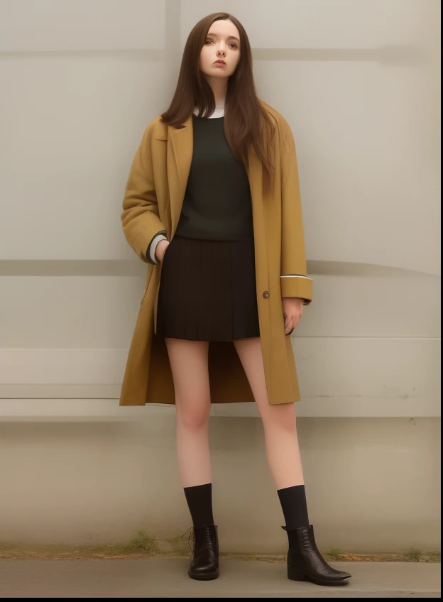 a woman in a coat and skirt standing on a road, saia curta e jaqueta longa, estilo preppy, hay roots and coating, usando jaqueta e saia, Inspirado em Balthus, wearing hunter coat, Directed by: Emma Andijewska, pelagem curta, she is wearing a wet coat, casaco, inspirado em Balthus, Lena Oxton, victoria siemer
