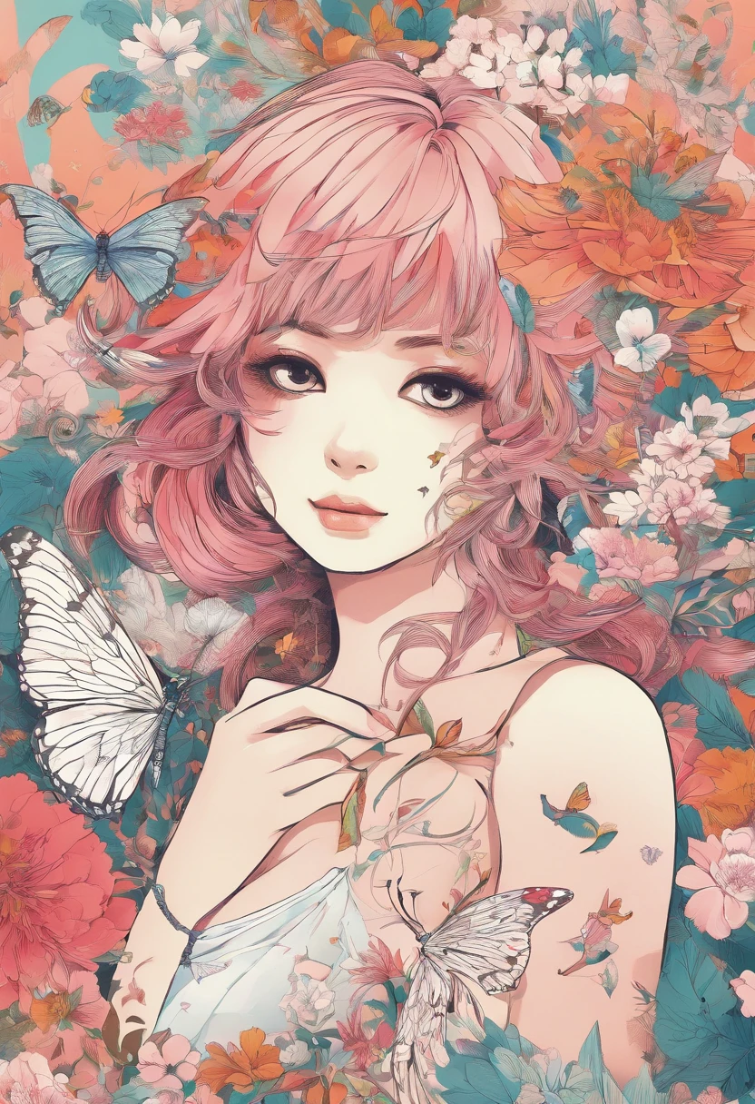 Chica con flores y mariposas