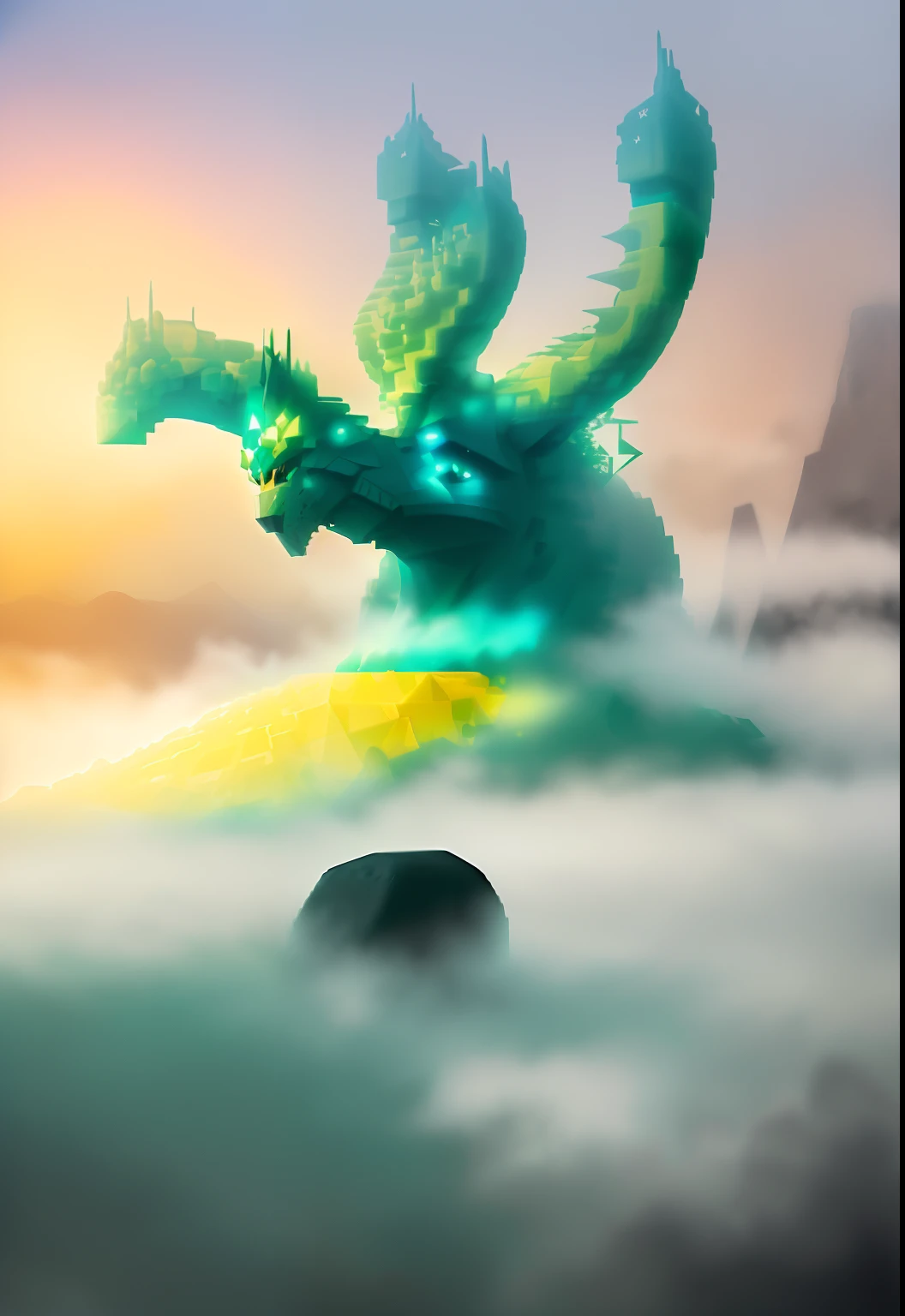 kaleidoscopic painting of a beast hydra over a hill hidra. (Blur the whole image:1.3), (no feature should be highly visible, mask the generation errors the best as you can by using a fog:1.4), (avoid square geometric shapes in the image:1.4)