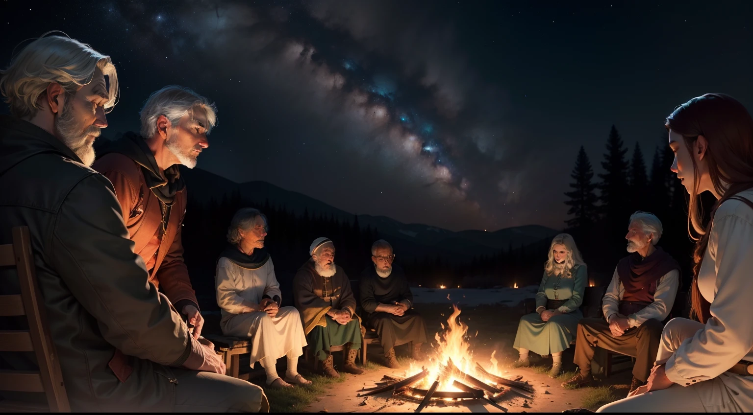 Under the vast, starry sky, James, the seasoned narrator, maintains his seat on the weathered stone, his posture conveying both strength and grace. His silhouette is cast in warm relief by the flickering bonfire at his side, accentuating the lines of wisdom etched into his face. The soft light dances upon his features, emphasizing the depth of his eyes, which shimmer with both the wisdom of years and the hope he imparts.

Surrounding him, a diverse group of individuals from the community gathers closely. Each face is illuminated by the soft glow of the bonfire, and their expressions range from rapt attention to quiet contemplation. They hang on James's every word, drawn to the warmth of his presence and the timeless messages he shares.

As James weaves his tales and imparts his lessons of hope and resilience, the starry sky above acts as a celestial backdrop, symbolizing the vastness of the universe and the enduring nature of the stories he tells. Each member of the audience becomes a part of this intimate and enchanting moment, their shared experience creating a deep sense of connection and unity under the captivating night sky.