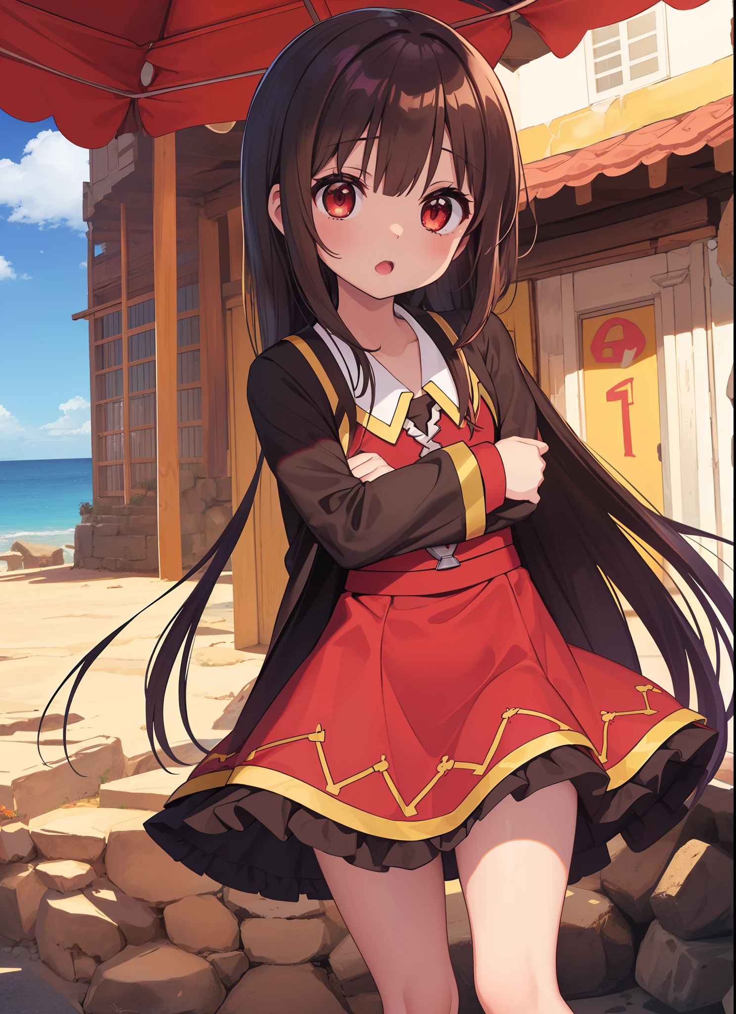 (Megumin, Contornos detalhados e bonitos,Luz branca,luz suave,luz natural,Pele branca:1.3),(olhos virados para cima,:o, cabelo curto,cabelos castanhos,olhos vermelhos,sobre as coxas dos joelhos, Hands hidden behind the back,sentado,Olhando para cima,dia,blue skies,pale red eyes:1.1),rosas vermelhas,Olhando para o Viewer, vestido vermelho