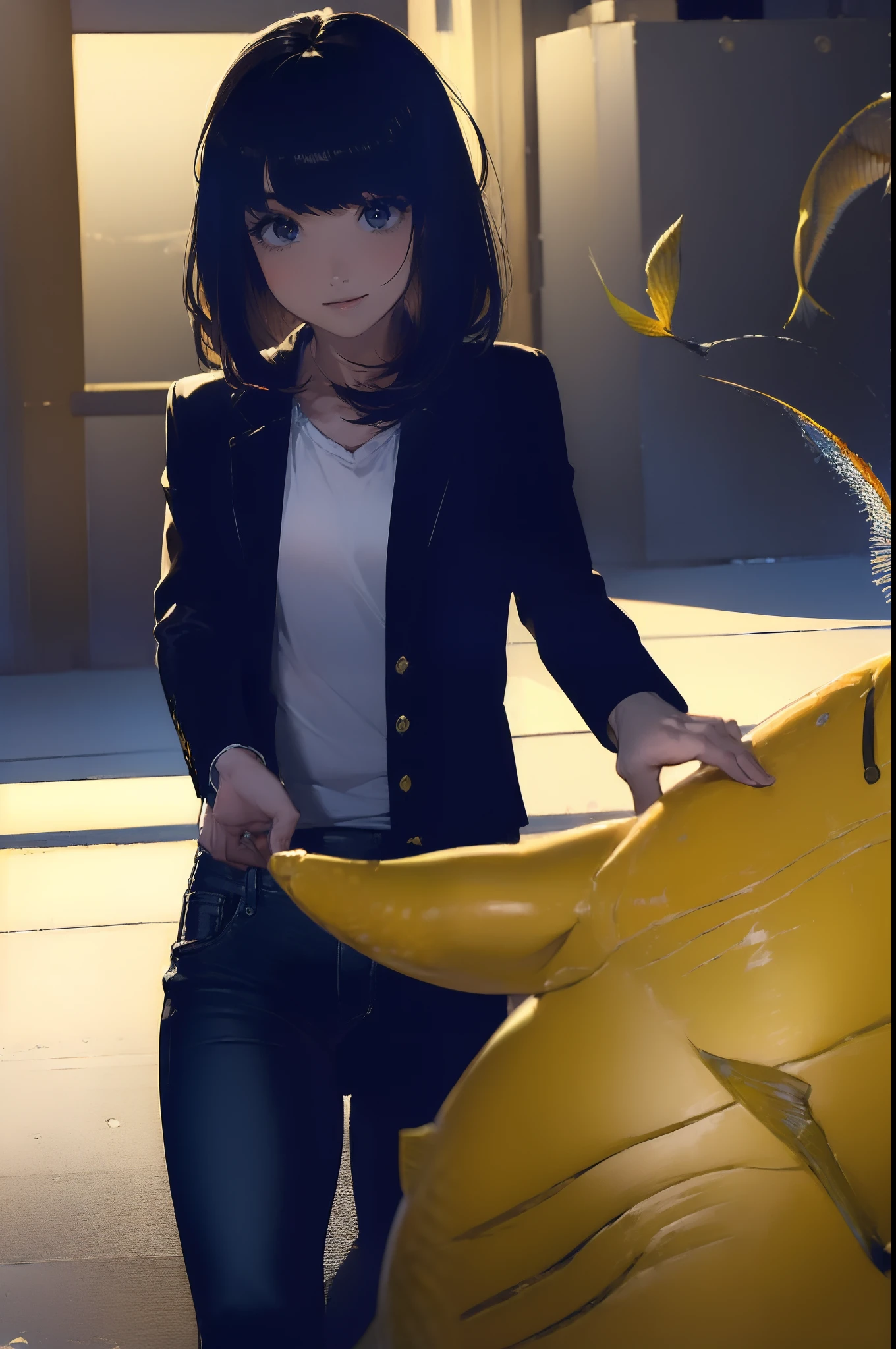 ((((catching a big fish:1.5)))),((Female 28 years old)),((Best Quality:1.5)),(((Hands with the correct number and structure of fingers:1.4))),((lakeside:1.37)),hight resolution,ultra-detailliert,masterpiece,best qualtiy,(Eight-headed body),Black hair, long eyeslashes, Solid Circle Eyes, drop shadow, Atmospheric perspective,Super Detail, ccurate, small brest,(Black jacket and black jeans :1.1),top-quality, blurry backround, bokeh dof:1.2, (masterpiece:1.3), Atmospheric perspective,Super Detail,dynamic compositions,Superb, Ultra High Quality,