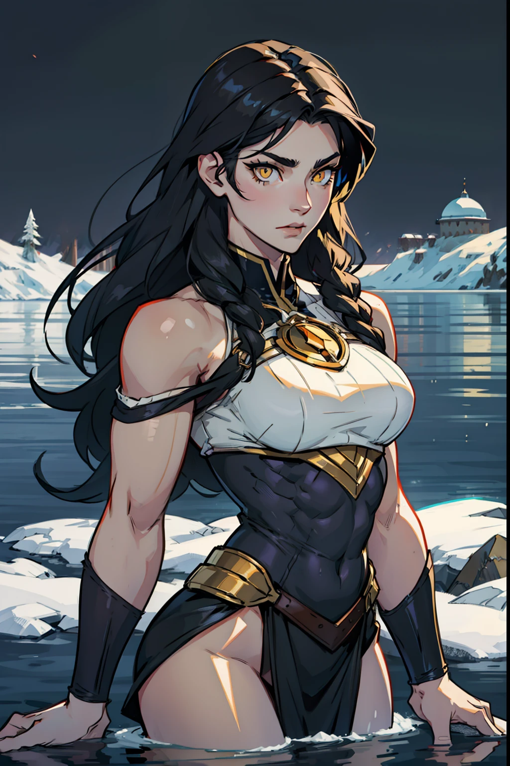 1 girl, black hair, yellow eyes, very long hair, pale skin, curvy, (extremely muscular), perky breasts, frozen lake