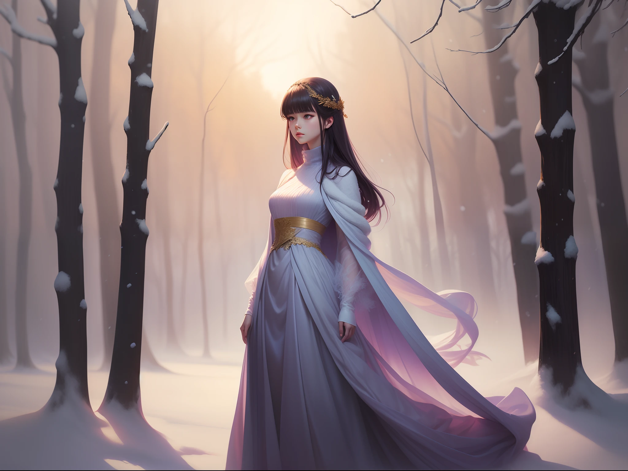 Winter in the misty forest，In the snow stood a lady in a long dress of light purple tulle，Brunette lady，Flowy tulle dress, turtleneck dress，inspired by Igor Kieryluk, Draped in a long cloak，It is covered with gold and apricot threads, Light fog background，Soft light and shadow，inspired by Wadim Kashin, by Russell Dongjun Lu, inspired by Yanjun Cheng, inspired by Hsiao-Ron Cheng, Beautiful digital artwork,