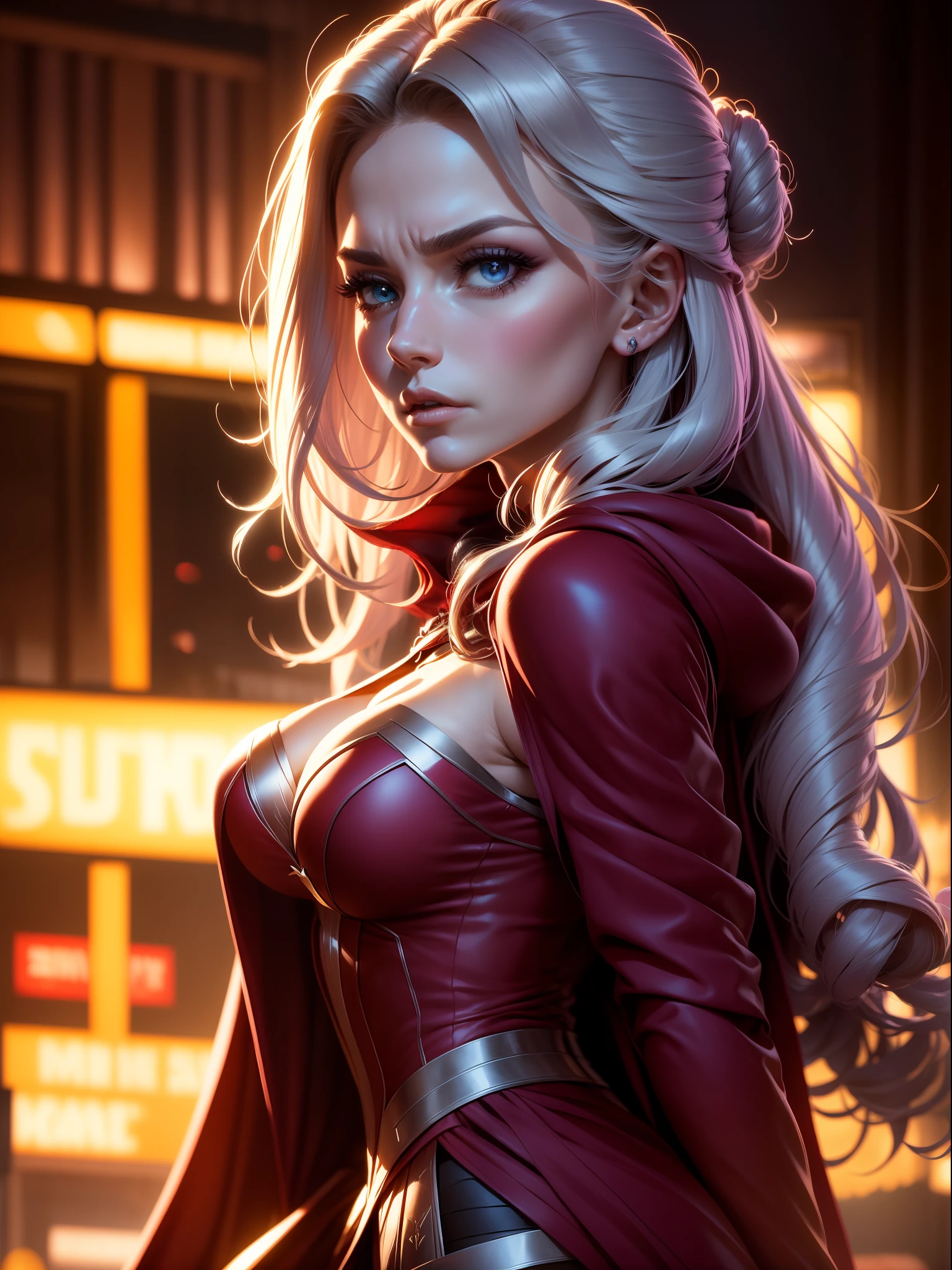 (New York: 1.5), (time square: 1.5), Scarlet Witch, whose real name is Wanda Maximoff, has magical powers and a connection to the Avengers. She has a distinct physical appearance and iconic costume. Here is a detailed description of her physical appearance and clothing: Physical appearance: Face: Gorgeous, 35-year-old woman, large intricate eyes, perfect, beautiful Hair: Wanda Maximoff has long and usually brown or dark brown hair. The length of the hair can vary in different representations, but it is often worn loose or with strands falling over the face. Eye: Her eyes are often portrayed as blue. In moments of intense magical or emotional activity, her eyes may glow a brighter shade of intense violet. Height and Physical Shape: She is a woman of medium to tall height with a slender and athletic figure. Her appearance is often described as seductive and elegant. Typical Clothing: Scarlet Witch's costume is the Scarlet Dress: She usually wears a dark red or scarlet dress that covers her entire body, including her arms and legs. The dress is often decorated with black details, such as bands or lines, which give it an elegant and seductive look. Scarlet Cloak: Over her dress, the Scarlet Witch wears a scarlet cloak that often has a cape that can be pulled up and over her head, creating a hooded cape that accentuates her magical and mysterious look. gloves and boots: She wears gloves and boots that match the color of her dress and cape. These gloves and boots are often decorated with black or silver details. tiara crown: In some depictions, Wanda Maximoff wears a crown or tiara that adds a regal touch to her look. This crown usually has a jewel in the center and is used as a symbol of her magical royalty. jewelry: Scarlet Witch is also known to wear magical jewelry, such as the "Eye of Fate," which plays a role in her magical abilities. (slender body: 1.5), (minimal clothes: 1.5), (large breasts: 1.3), (hanging breasts: 1.5), (disproportio