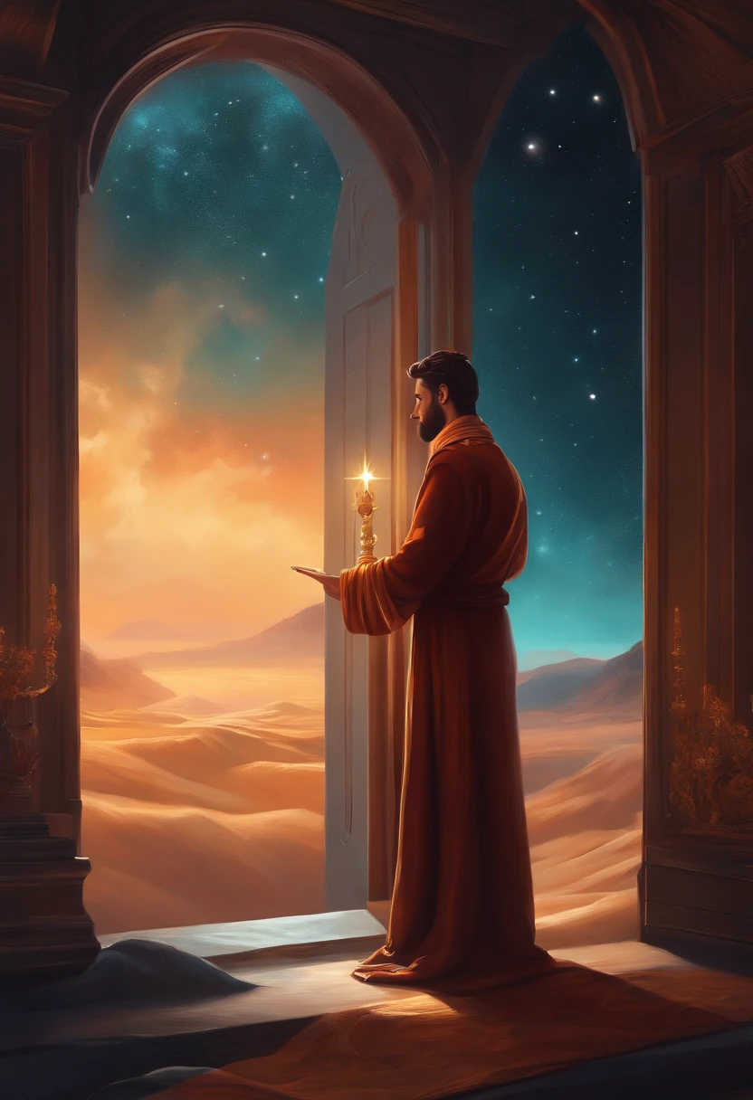 Painting of a gentleman in ancient robes in front of a mirror with a star in the sky, inspirado em Cyril Rolando, Cyril Rolando e Goro Fujita, visuais de outro mundo, open portal to another dimension, No estilo de Cyril Rolando, Olhando para o cosmos, flutuando no universo, Portal para outro universo, dreamlike surrealism