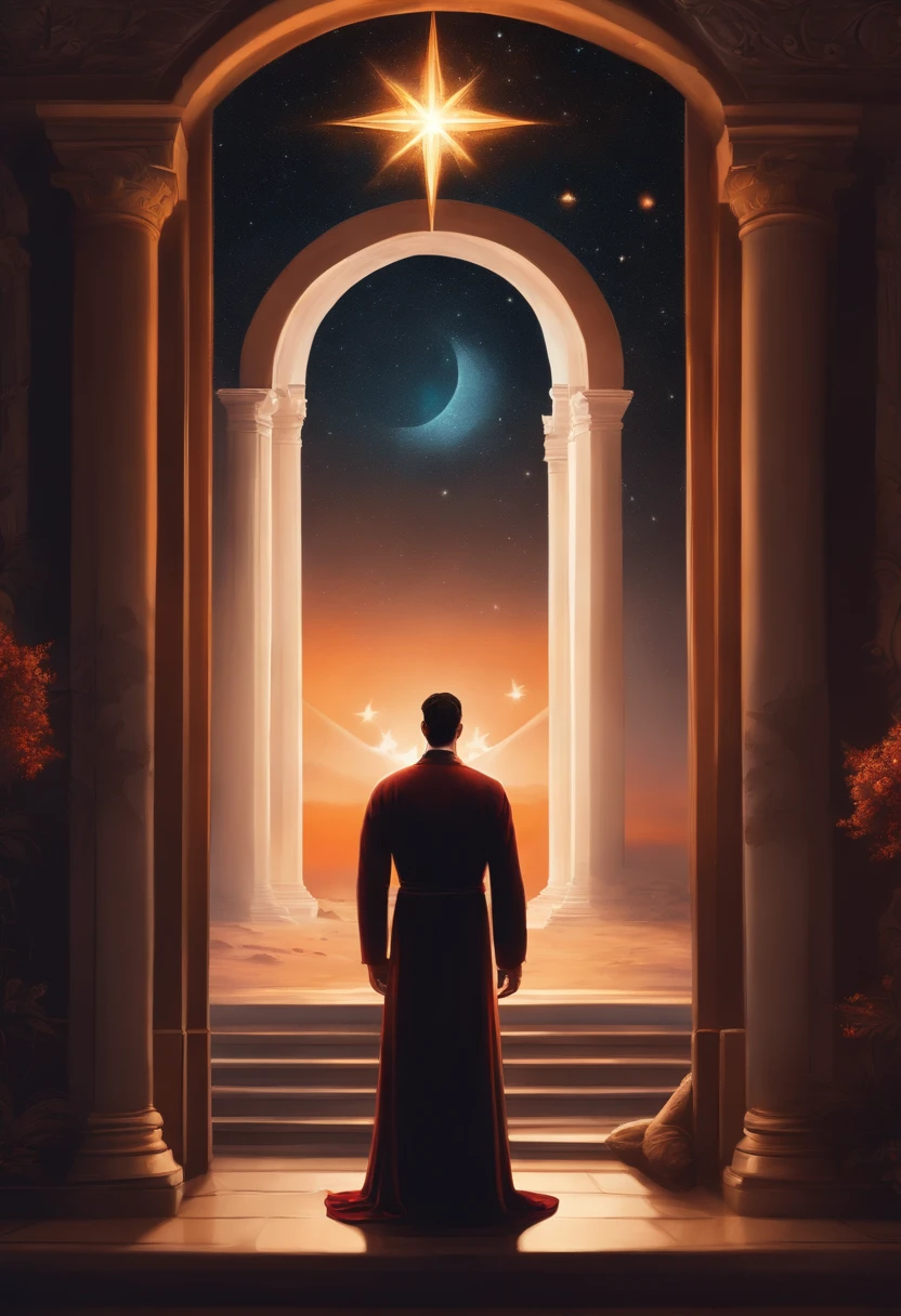 Painting of a gentleman in ancient robes in front of a mirror with a star in the sky, inspirado em Cyril Rolando, Cyril Rolando e Goro Fujita, visuais de outro mundo, open portal to another dimension, No estilo de Cyril Rolando, Olhando para o cosmos, flutuando no universo, Portal para outro universo, dreamlike surrealism
