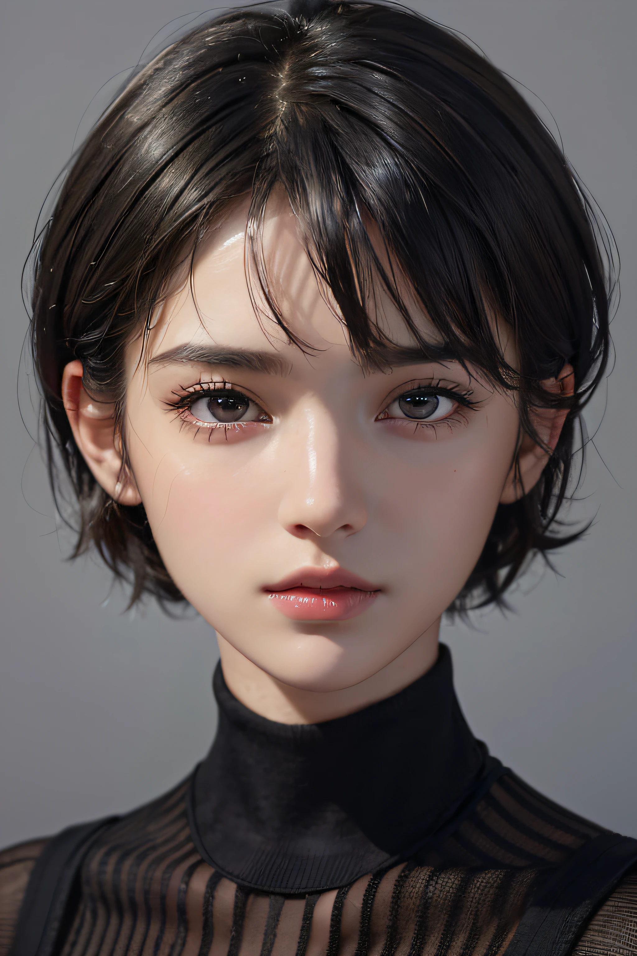 (masterpiece:1.3), (8k, photorealistic, RAW photo, best quality: 1.4), (1girl), beautiful face, (realistic face), (black hair, short hair:1.3), beautiful hairstyle, realistic eyes, beautiful detailed eyes, (realistic skin), beautiful skin, (sweater), absurdres, attractive, ultra high res, ultra realistic, highly detailed, golden ratio