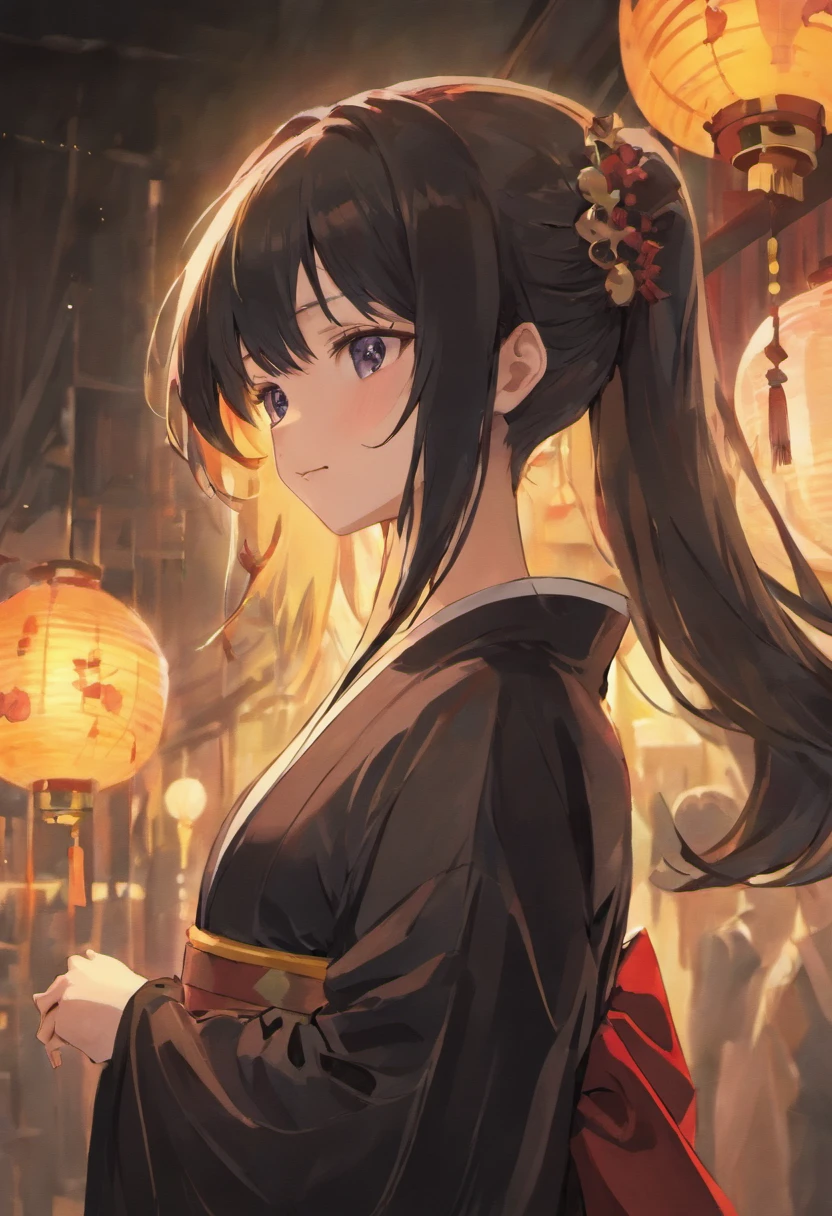 black hair, hime cut, long hair, expressive hair, hair strand,black kimono, seductive smile, anime, anime style, chiaroscuro, backlighting, from side, lens flare, best quality, award winning, super detail, high details, high quality, ccurate, anatomically correct