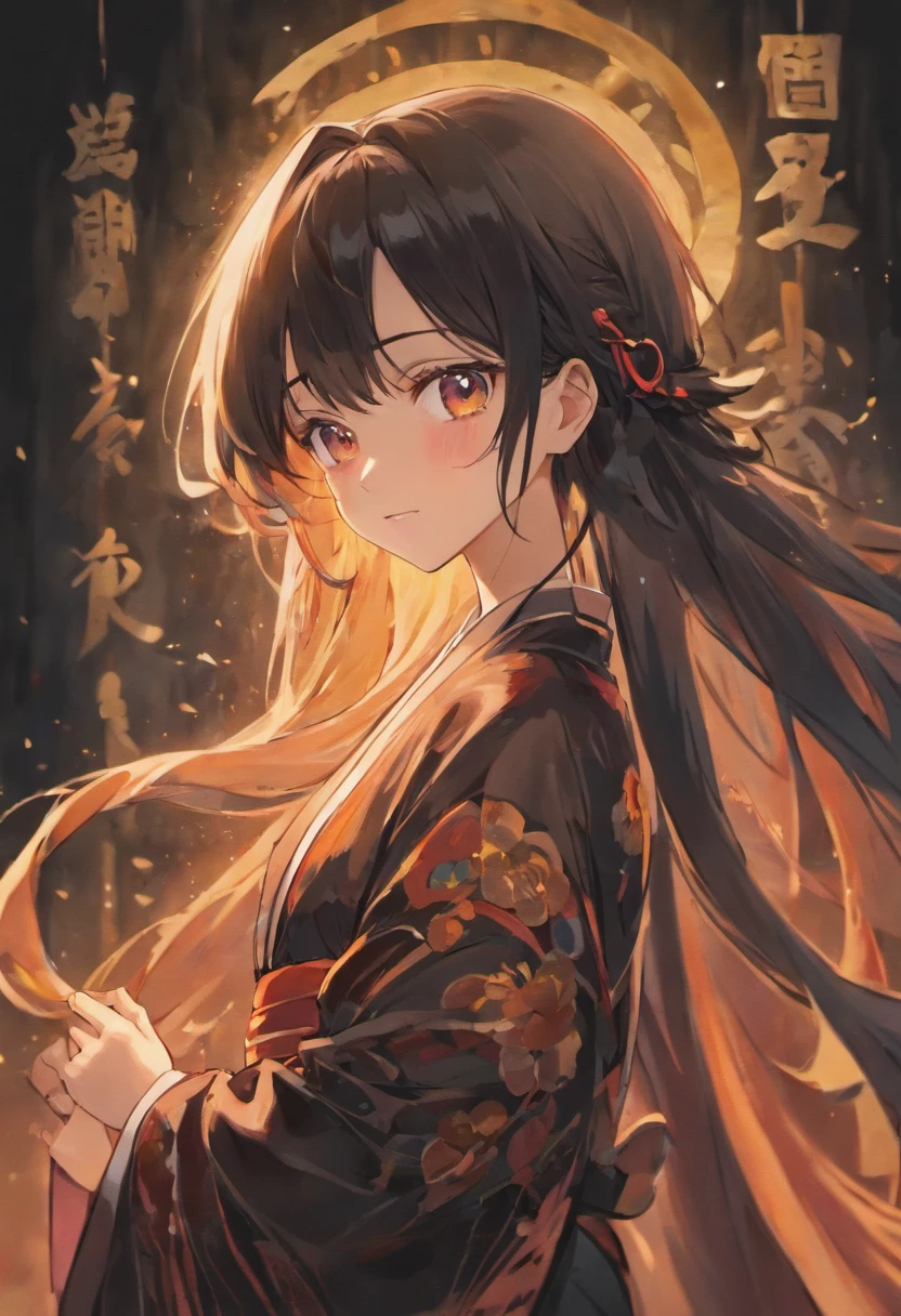 black hair, hime cut, long hair, expressive hair, hair strand,black kimono, seductive smile, anime, anime style, chiaroscuro, backlighting, from side, lens flare, best quality, award winning, super detail, high details, high quality, ccurate, anatomically correct