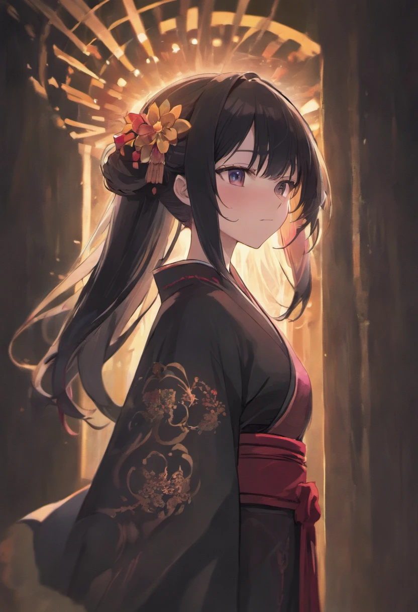 black hair, hime cut, long hair, expressive hair, hair strand,black kimono, seductive smile, anime, anime style, chiaroscuro, backlighting, from side, lens flare, best quality, award winning, super detail, high details, high quality, ccurate, anatomically correct
