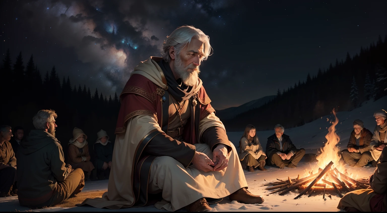 Under the vast, starry sky, James, the seasoned narrator, maintains his seat on the weathered stone, his posture conveying both strength and grace. His silhouette is cast in warm relief by the flickering bonfire at his side, accentuating the lines of wisdom etched into his face. The soft light dances upon his features, emphasizing the depth of his eyes, which shimmer with both the wisdom of years and the hope he imparts.
Surrounding him, a diverse group of individuals from the community gathers closely. Each face is illuminated by the soft glow of the bonfire, and their expressions range from rapt attention to quiet contemplation. They hang on James's every word, drawn to the warmth of his presence and the timeless messages he shares.
As James weaves his tales and imparts his lessons of hope and resilience, the starry sky above acts as a celestial backdrop, symbolizing the vastness of the universe and the enduring nature of the stories he tells. Each member of the audience becomes a part of this intimate and enchanting moment, their shared experience creating a deep sense of connection and unity under the captivating night sky.