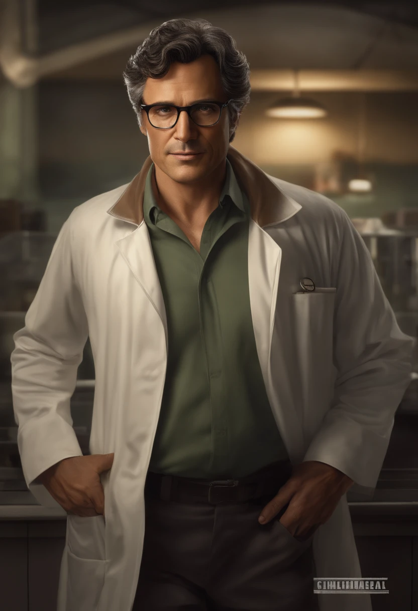 portray Bruce Banner as a middle-aged scientist with dark brown or black hair combed back and brown eyes wearing a lab coat and his glasses with thick, rectangular frame glasses that lend an air of intellectuality and scientificity to his appearance;. Their physical constitution is usually described as lean with average height.