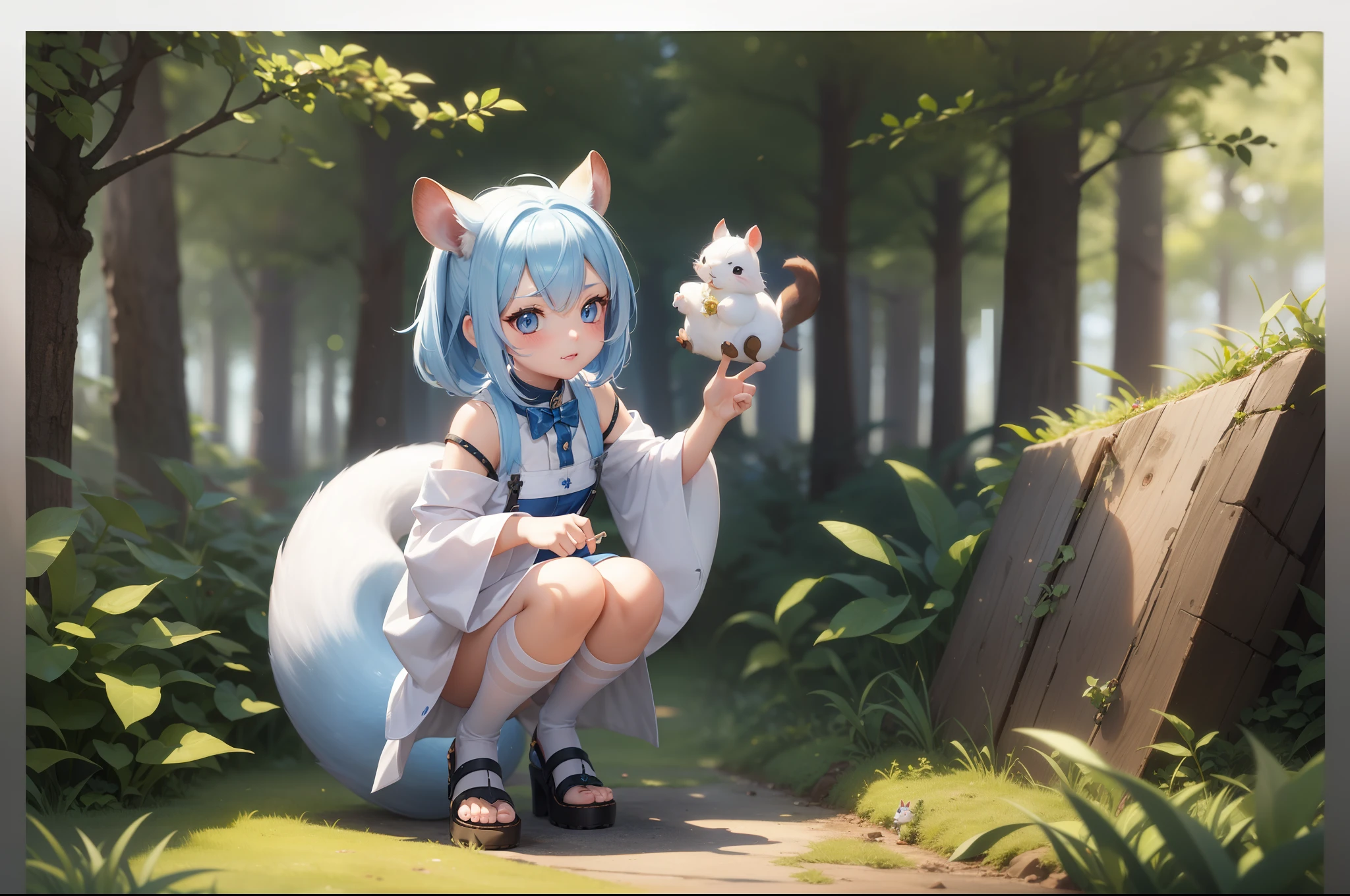 There is a small white squirrel with an acorn in his hand, Chibichara A cute girl with blue hair is also with me。It is a cute costume in white and blue。Dark eyes。cute forest creature, Adorable Digital Painting, cute detailed digital art, the squirrel king, Cute digital art, cute cartoon characters, cute character, CuteCreatures, Cutie, official illustrations, Official art, squirrel, maplestory mouse, astri lohne, cute 3d render