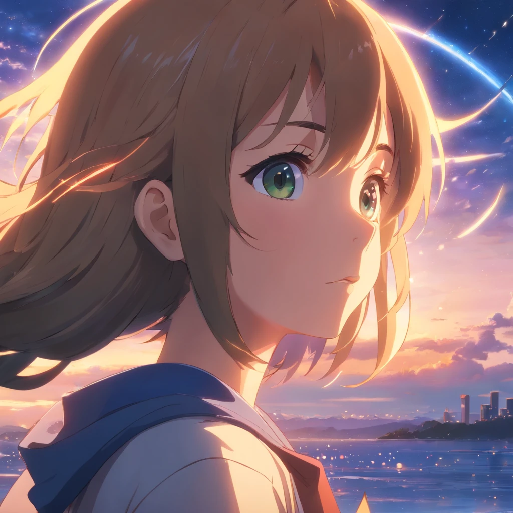 A woman with long hair and green eyes looks at the sky - SeaArt AI