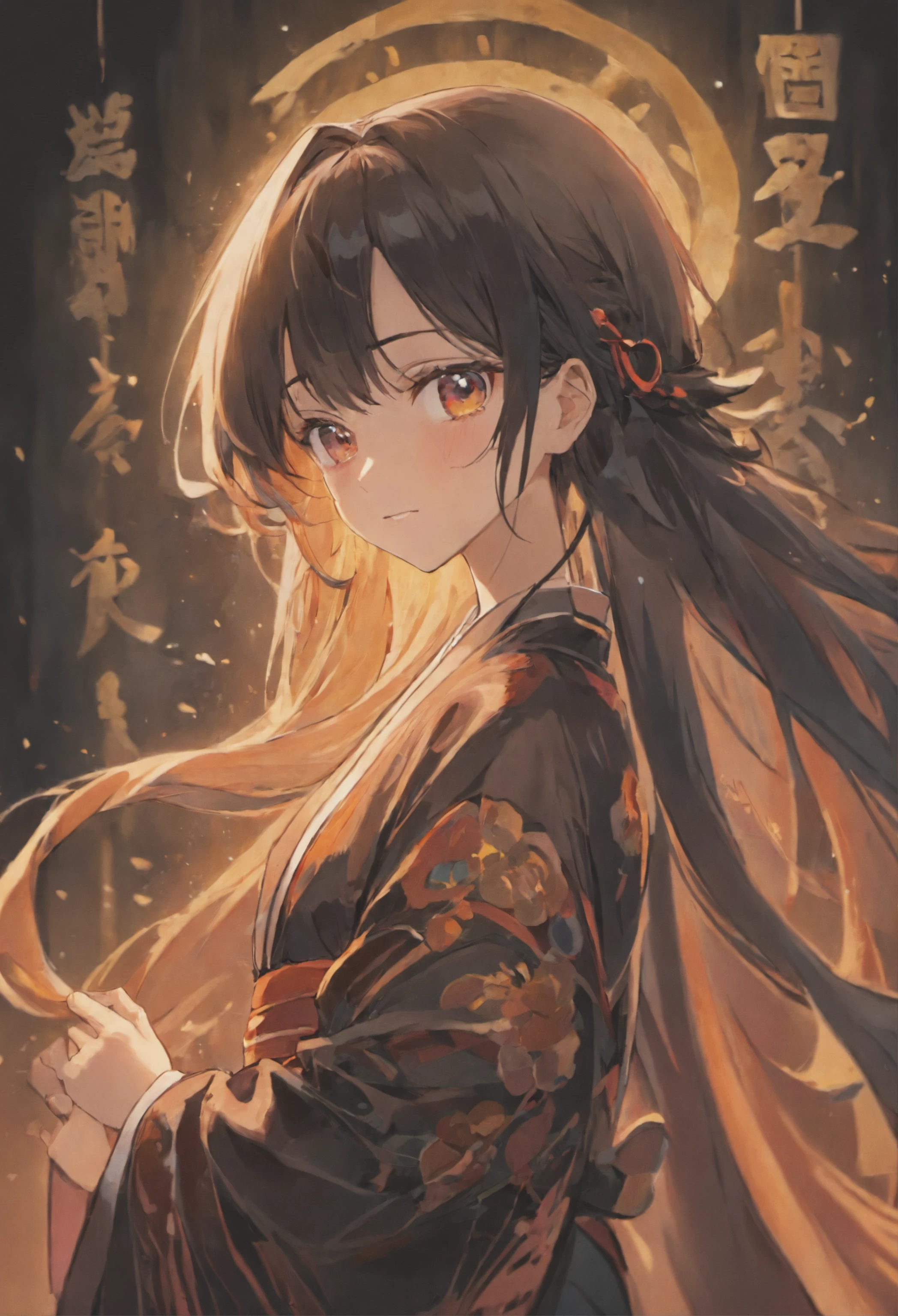 black hair, hime cut, long hair, expressive hair, hair strand,black kimono, seductive smile, anime, anime style, chiaroscuro, backlighting, from side, lens flare, best quality, award winning, super detail, high details, high quality, ccurate, anatomically correct
