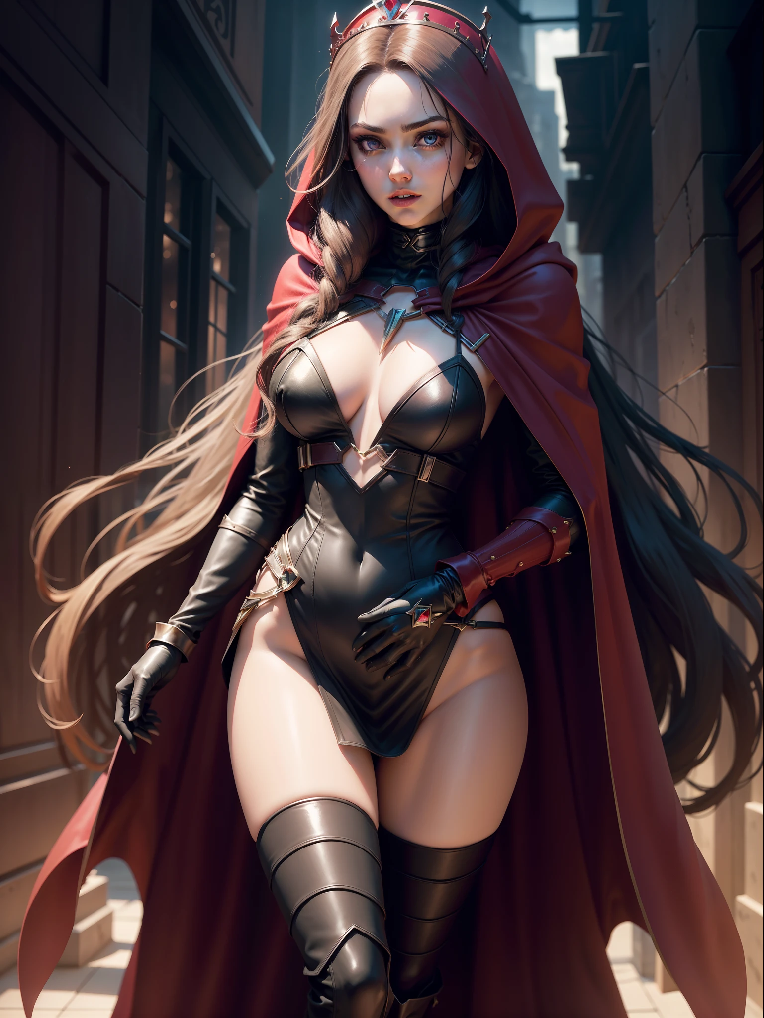 (New York: 1.5), (time square: 1.5), Scarlet Witch, whose real name is Wanda Maximoff, has magical powers and a connection to the Avengers. She has a distinct physical appearance and iconic costume. Here is a detailed description of her physical appearance and clothing: Physical appearance: Face: Gorgeous, 35-year-old woman, large intricate eyes, perfect, beautiful Hair: Wanda Maximoff has long and usually brown or dark brown hair. The length of the hair can vary in different representations, but it is often worn loose or with strands falling over the face. Eye: Her eyes are often portrayed as blue. In moments of intense magical or emotional activity, her eyes may glow a brighter shade of intense violet. Height and Physical Shape: She is a woman of medium to tall height with a slender and athletic figure. Her appearance is often described as seductive and elegant. Typical Clothing: Scarlet Witch's costume is the Scarlet Dress: She usually wears a dark red or scarlet dress that covers her entire body, including her arms and legs. The dress is often decorated with black details, such as bands or lines, which give it an elegant and seductive look. Scarlet Cloak: Over her dress, the Scarlet Witch wears a scarlet cloak that often has a cape that can be pulled up and over her head, creating a hooded cape that accentuates her magical and mysterious look. gloves and boots: She wears gloves and boots that match the color of her dress and cape. These gloves and boots are often decorated with black or silver details. tiara crown: In some depictions, Wanda Maximoff wears a crown or tiara that adds a regal touch to her look. This crown usually has a jewel in the center and is used as a symbol of her magical royalty. jewelry: Scarlet Witch is also known to wear magical jewelry, such as the "Eye of Fate," which plays a role in her magical abilities. (slender body: 1.5), (minimal clothes: 1.5), (large breasts: 1.3), (hanging breasts: 1.5), (disproportio