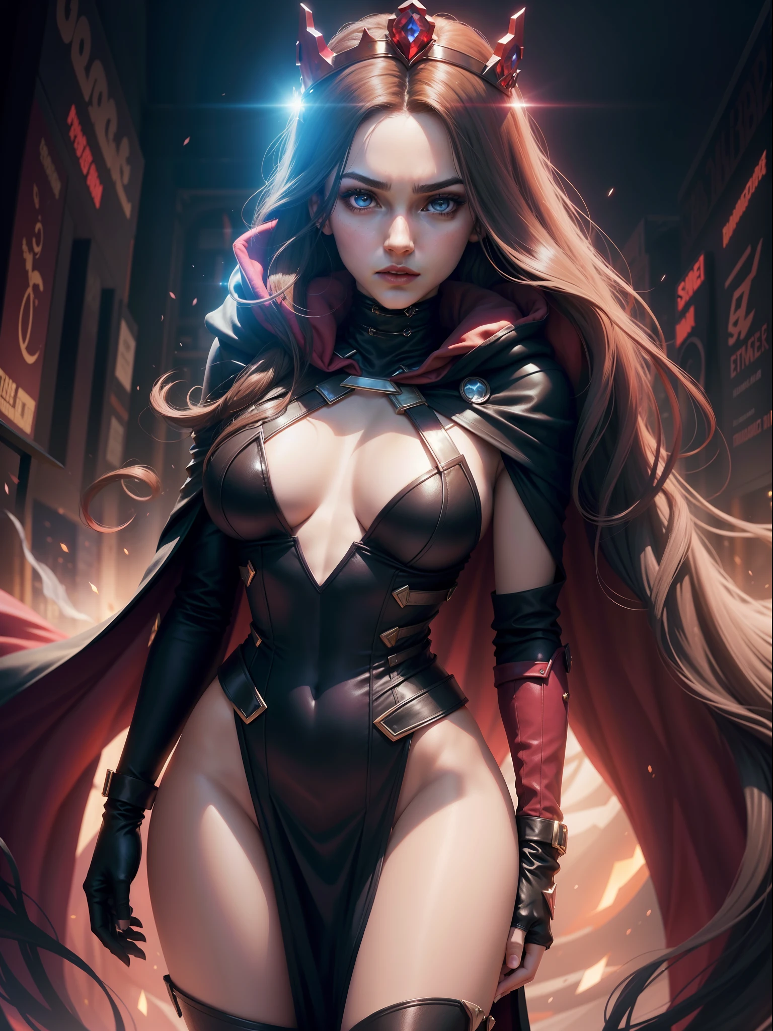 (New York: 1.5), (time square: 1.5), Scarlet Witch, whose real name is Wanda Maximoff, has magical powers and a connection to the Avengers. She has a distinct physical appearance and iconic costume. Here is a detailed description of her physical appearance and clothing: Physical appearance: Face: Gorgeous, 35-year-old woman, large intricate eyes, perfect, beautiful Hair: Wanda Maximoff has long and usually brown or dark brown hair. The length of the hair can vary in different representations, but it is often worn loose or with strands falling over the face. Eye: Her eyes are often portrayed as blue. In moments of intense magical or emotional activity, her eyes may glow a brighter shade of intense violet. Height and Physical Shape: She is a woman of medium to tall height with a slender and athletic figure. Her appearance is often described as seductive and elegant. Typical Clothing: Scarlet Witch's costume is the Scarlet Dress: She usually wears a dark red or scarlet dress that covers her entire body, including her arms and legs. The dress is often decorated with black details, such as bands or lines, which give it an elegant and seductive look. Scarlet Cloak: Over her dress, the Scarlet Witch wears a scarlet cloak that often has a cape that can be pulled up and over her head, creating a hooded cape that accentuates her magical and mysterious look. gloves and boots: She wears gloves and boots that match the color of her dress and cape. These gloves and boots are often decorated with black or silver details. tiara crown: In some depictions, Wanda Maximoff wears a crown or tiara that adds a regal touch to her look. This crown usually has a jewel in the center and is used as a symbol of her magical royalty. jewelry: Scarlet Witch is also known to wear magical jewelry, such as the "Eye of Fate," which plays a role in her magical abilities. (slender body: 1.5), (minimal clothes: 1.5), (large breasts: 1.3), (hanging breasts: 1.5), (disproportio