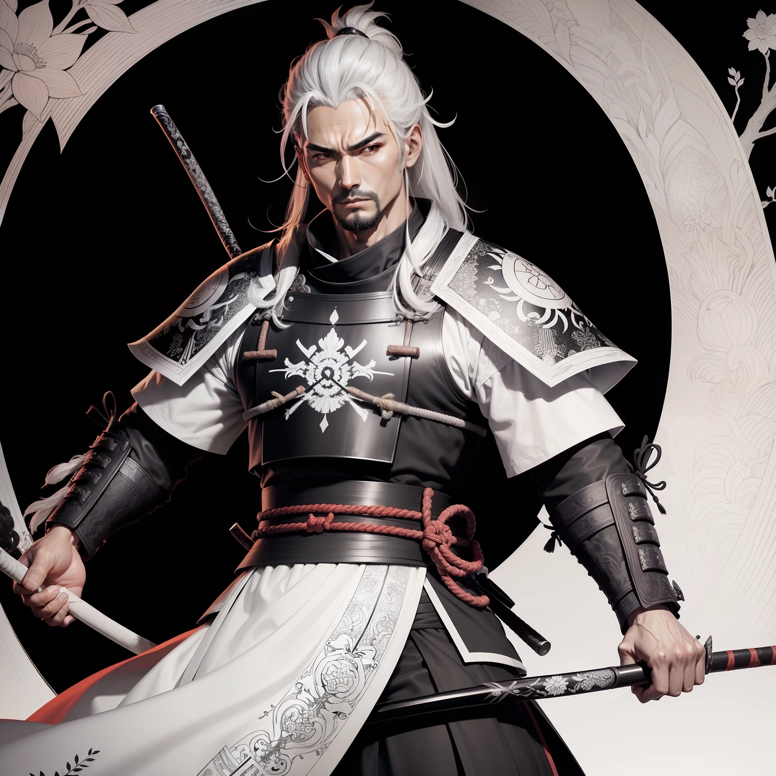 um desenho preto e branco de um samurai na floresta, samurai com espada na banhinha de costa para tela, line art colouring page, samurai o samurai x, Lineart Behance HD | |, linework altamente detalhado, com a roupa do samurai, Senhor da Guerra, Highly detailed illustration, linearidade intrincada, coloring book page, A roupa do samurai, arte de linha detalhada
