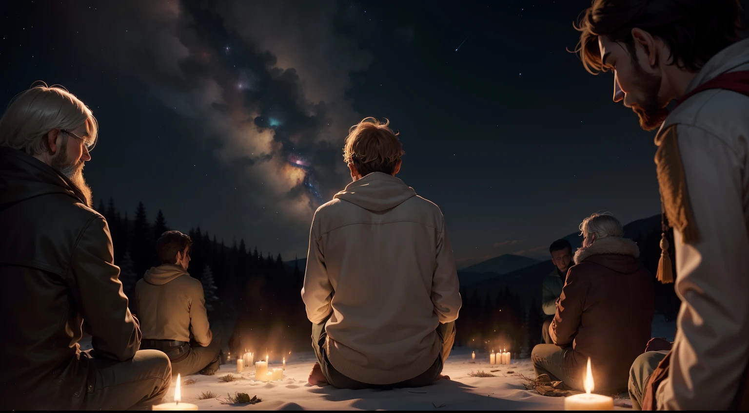 Under the vast, starry sky, James, the seasoned narrator, maintains his seat on the weathered stone, his posture conveying both strength and grace. His silhouette is cast in warm relief by the flickering bonfire at his side, accentuating the lines of wisdom etched into his face. The soft light dances upon his features, emphasizing the depth of his eyes, which shimmer with both the wisdom of years and the hope he imparts.
Surrounding him, a diverse group of individuals from the community gathers closely. Each face is illuminated by the soft glow of the bonfire, and their expressions range from rapt attention to quiet contemplation. They hang on James's every word, drawn to the warmth of his presence and the timeless messages he shares.
As James weaves his tales and imparts his lessons of hope and resilience, the starry sky above acts as a celestial backdrop, symbolizing the vastness of the universe and the enduring nature of the stories he tells. Each member of the audience becomes a part of this intimate and enchanting moment, their shared experience creating a deep sense of connection and unity under the captivating night sky.