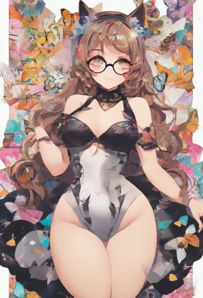 (masterpiece, best quality, beautiful, aesthetic, perfect, intricate, exquisite:1.2), 1girl, cute, adorable, (kawaii:1.25), cat ears, glasses, (curvy:1.5), (huge breasts, thick thighs:1.25), wide hips, happy smile, looking at viewer