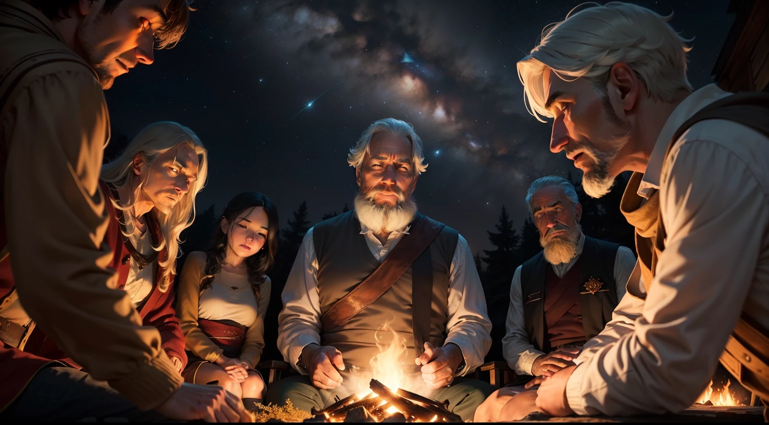 Under the vast, starry sky, James, the seasoned narrator, maintains his seat on the weathered stone, his posture conveying both strength and grace. His silhouette is cast in warm relief by the flickering bonfire at his side, accentuating the lines of wisdom etched into his face. The soft light dances upon his features, emphasizing the depth of his eyes, which shimmer with both the wisdom of years and the hope he imparts.

Surrounding him, a diverse group of individuals from the community gathers closely. Each face is illuminated by the soft glow of the bonfire, and their expressions range from rapt attention to quiet contemplation. They hang on James's every word, drawn to the warmth of his presence and the timeless messages he shares.

As James weaves his tales and imparts his lessons of hope and resilience, the starry sky above acts as a celestial backdrop, symbolizing the vastness of the universe and the enduring nature of the stories he tells. Each member of the audience becomes a part of this intimate and enchanting moment, their shared experience creating a deep sense of connection and unity under the captivating night sky.