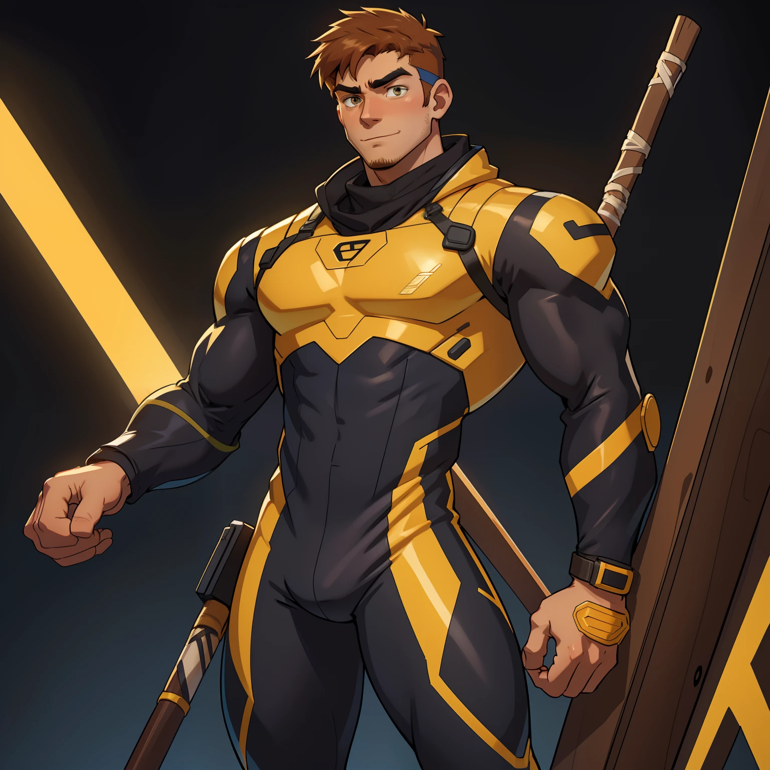 Certainly, here's a more concise prompt focused on Tom's hero suit for an AI art generator:

"Create a digital artwork of Tom Sheridan, AKA Tempo, in his hero suit. His hero suit is sleek, black with yellow accents, and it clings to his lithe frame. The suit includes a cowl with intricate detailing, leaving his distinctive auburn hair exposed. He wears goggles with a heads-up display, and on his back are a pair of Escrima sticks. The suit is designed for both agility and protection. Tom is 