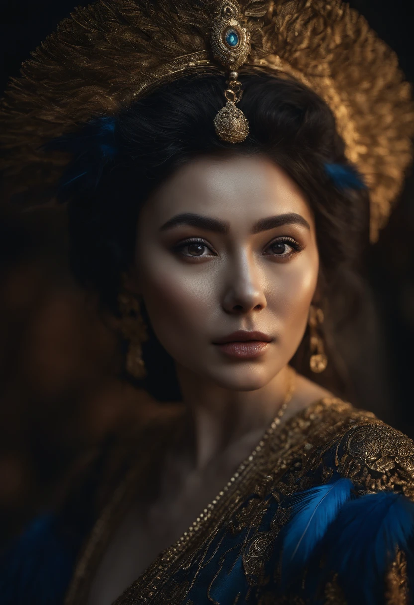 Masterpiece, high quality, 4K, beautiful design, shiny, from the front, award winning photo, extremely detailed, amazing, fine detail, absurdres, highly detailed woman, extremely detailed eyes and face, by lee jeffries nikon d850 film stock photograph 4 kodak portra 400 camera f1.6 lens rich colors hyper realistic lifelike texture dramatic lighting unrealengine trending on artstation cinestill 800 tungsten, solo, 1girl,
fanbingbing, a woman in a black dress and a gold jacket, covered in blue feathers , wearing fanbingbing fashion,