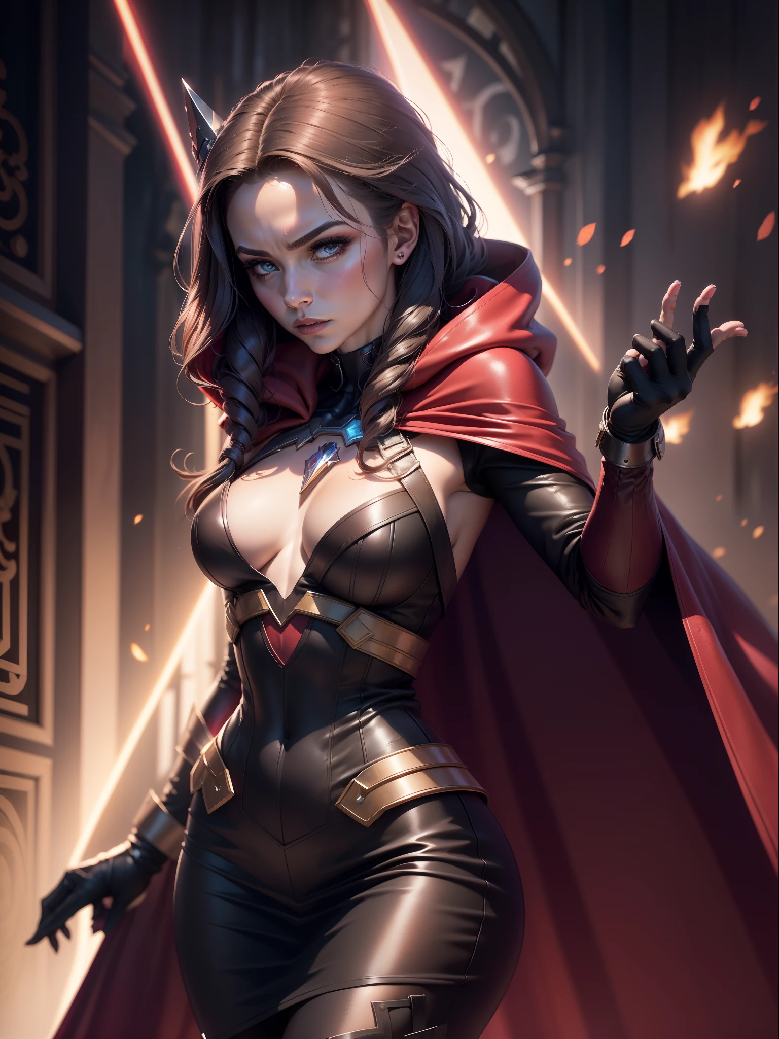 (New York: 1.5), (time square: 1.5), Scarlet Witch, whose real name is Wanda Maximoff, has magical powers and a connection to the Avengers. She has a distinct physical appearance and iconic costume. Here is a detailed description of her physical appearance and clothing: Physical appearance: Face: Gorgeous, 35-year-old woman, large intricate eyes, perfect, beautiful Hair: Wanda Maximoff has long and usually brown or dark brown hair. The length of the hair can vary in different representations, but it is often worn loose or with strands falling over the face. Eye: Her eyes are often portrayed as blue. In moments of intense magical or emotional activity, her eyes may glow a brighter shade of intense violet. Height and Physical Shape: She is a woman of medium to tall height with a slender and athletic figure. Her appearance is often described as seductive and elegant. Typical Clothing: Scarlet Witch's costume is the Scarlet Dress: She usually wears a dark red or scarlet dress that covers her entire body, including her arms and legs. The dress is often decorated with black details, such as bands or lines, which give it an elegant and seductive look. Scarlet Cloak: Over her dress, the Scarlet Witch wears a scarlet cloak that often has a cape that can be pulled up and over her head, creating a hooded cape that accentuates her magical and mysterious look. gloves and boots: She wears gloves and boots that match the color of her dress and cape. These gloves and boots are often decorated with black or silver details. tiara crown: In some depictions, Wanda Maximoff wears a crown or tiara that adds a regal touch to her look. This crown usually has a jewel in the center and is used as a symbol of her magical royalty. jewelry: Scarlet Witch is also known to wear magical jewelry, such as the "Eye of Fate," which plays a role in her magical abilities. (slender body: 1.5), (minimal clothes: 1.5), (large breasts: 1.3), (hanging breasts: 1.5), (disproportio