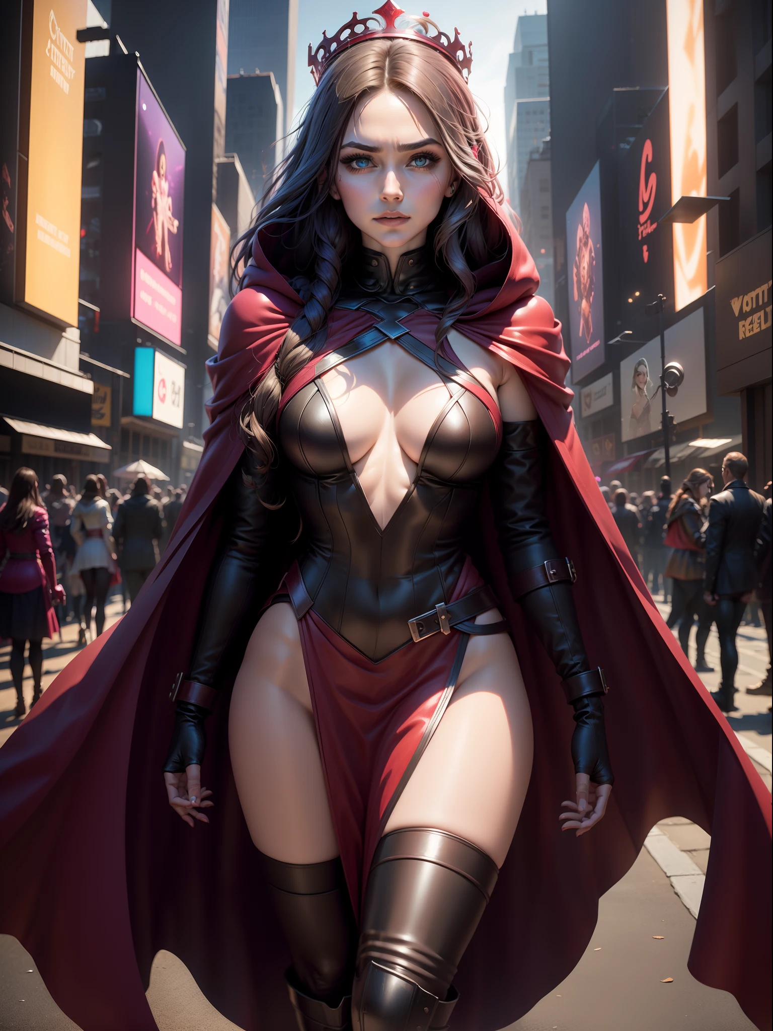 (New York: 1.5), (time square: 1.5), Scarlet Witch, whose real name is Wanda Maximoff, has magical powers and a connection to the Avengers. She has a distinct physical appearance and iconic costume. Here is a detailed description of her physical appearance and clothing: Physical appearance: Face: Gorgeous, 35-year-old woman, large intricate eyes, perfect, beautiful Hair: Wanda Maximoff has long and usually brown or dark brown hair. The length of the hair can vary in different representations, but it is often worn loose or with strands falling over the face. Eye: Her eyes are often portrayed as blue. In moments of intense magical or emotional activity, her eyes may glow a brighter shade of intense violet. Height and Physical Shape: She is a woman of medium to tall height with a slender and athletic figure. Her appearance is often described as seductive and elegant. Typical Clothing: Scarlet Witch's costume is the Scarlet Dress: She usually wears a dark red or scarlet dress that covers her entire body, including her arms and legs. The dress is often decorated with black details, such as bands or lines, which give it an elegant and seductive look. Scarlet Cloak: Over her dress, the Scarlet Witch wears a scarlet cloak that often has a cape that can be pulled up and over her head, creating a hooded cape that accentuates her magical and mysterious look. gloves and boots: She wears gloves and boots that match the color of her dress and cape. These gloves and boots are often decorated with black or silver details. tiara crown: In some depictions, Wanda Maximoff wears a crown or tiara that adds a regal touch to her look. This crown usually has a jewel in the center and is used as a symbol of her magical royalty. jewelry: Scarlet Witch is also known to wear magical jewelry, such as the "Eye of Fate," which plays a role in her magical abilities. (slender body: 1.5), (minimal clothes: 1.5), (large breasts: 1.3), (hanging breasts: 1.5), (disproportio