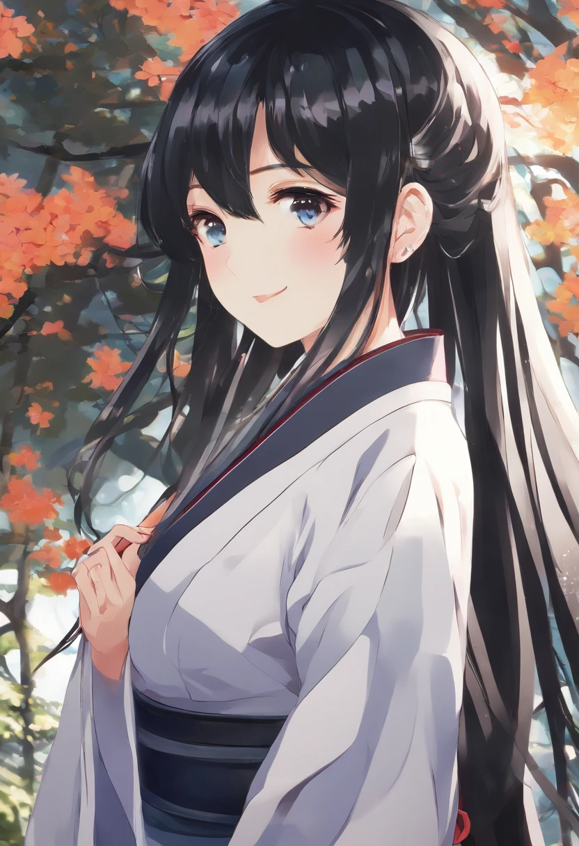 black hair, hime cut, long hair, expressive hair, hair strand,black kimono, seductive smile, anime, anime style, chiaroscuro, backlighting, from side, lens flare, best quality, award winning, super detail, high details, high quality, ccurate, anatomically correct