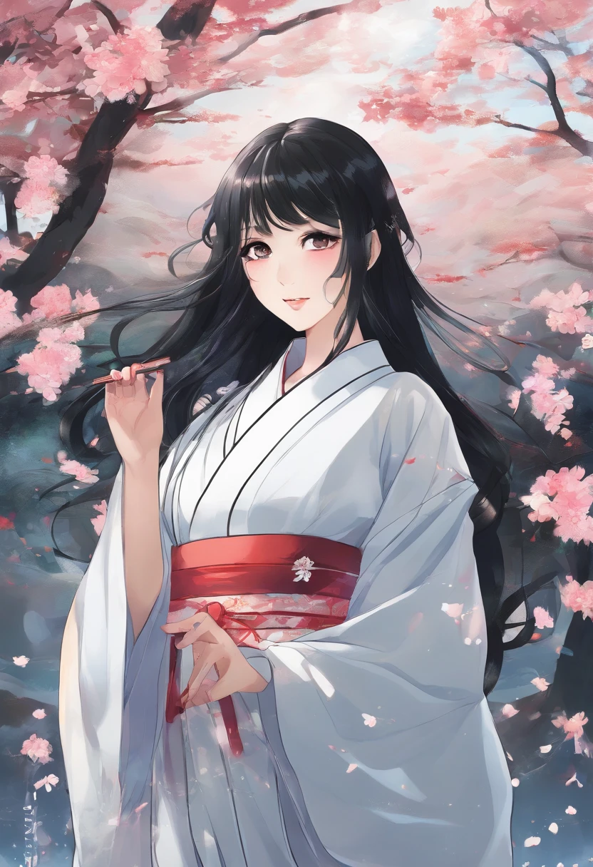 black hair, hime cut, long hair, expressive hair, hair strand,black kimono, seductive smile, anime, anime style, chiaroscuro, backlighting, from side, lens flare, best quality, award winning, super detail, high details, high quality, ccurate, anatomically correct