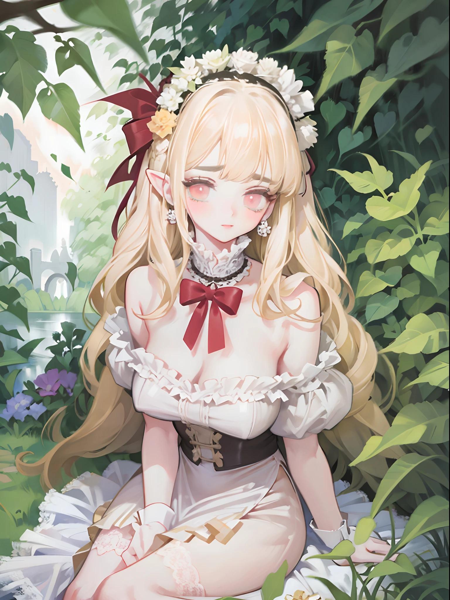 Original Character, Volumetric Lighting, Best Shadows, Shallow Depth of Field, Close Up Of Stunningly Beautiful Girl, Petite, Wide Hips, Thick Thighs, Slight Chubby, Small body, Delicate Beautiful Attractive Face With Alluring Red Eyes, Sharp Eyebrows, Half Open Eyes, Elf ears, Cute Smile, Lovely Big Breasts, Layered Long Blond Hair With Ribbon Tied To A Part Of Hair On The Side, Blunt Bangs, Long Straight Hair, Pale Skin, Ear Piercings, Blush Eyeshadow, Blonde Thick Eyelashes, Long eyelashes, Slim Waist, Lace ta Princess Dress, see through dress, (Garden Background:1.1) , Sitting Down, Sitting on grass, Half-Body, Posing, (Highest Quality, Amazing Details:1.25), (Solo:1.3), Brilliant Colorful Paintings, Looking At Viewer