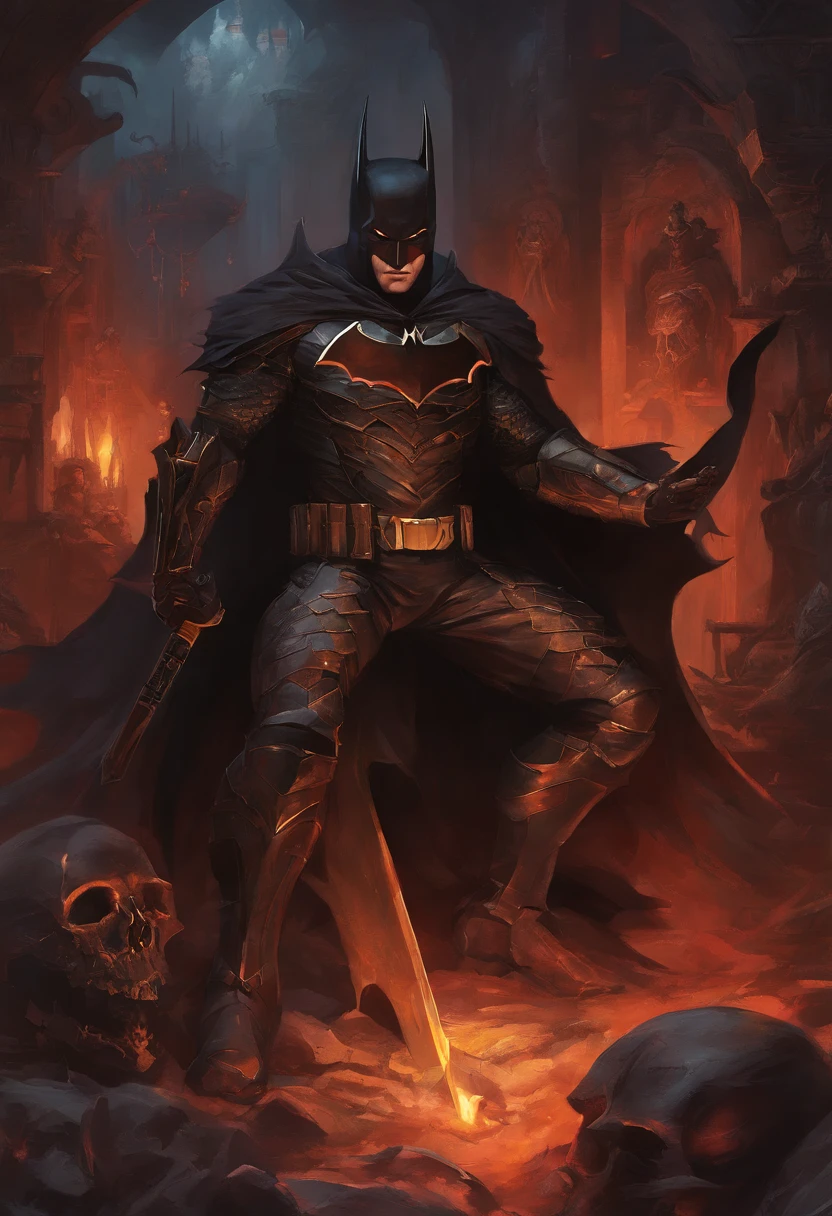 The prompt for generating a high-quality image with Stable Diffusion is as follows:

"dark, realistic, and highly detailed portrayal of Batman as an evil villain. Sitting on a throne of iron, with red eyes and a demon-like presence. Surrounding Batman are numerous skulls scattered on the ground."

Please note that the prompt is limited to a maximum of 40 tags and 60 words, and it should be written in English without any explanations or additional sentences. The tags should be arranged in order of importance, from high to low.