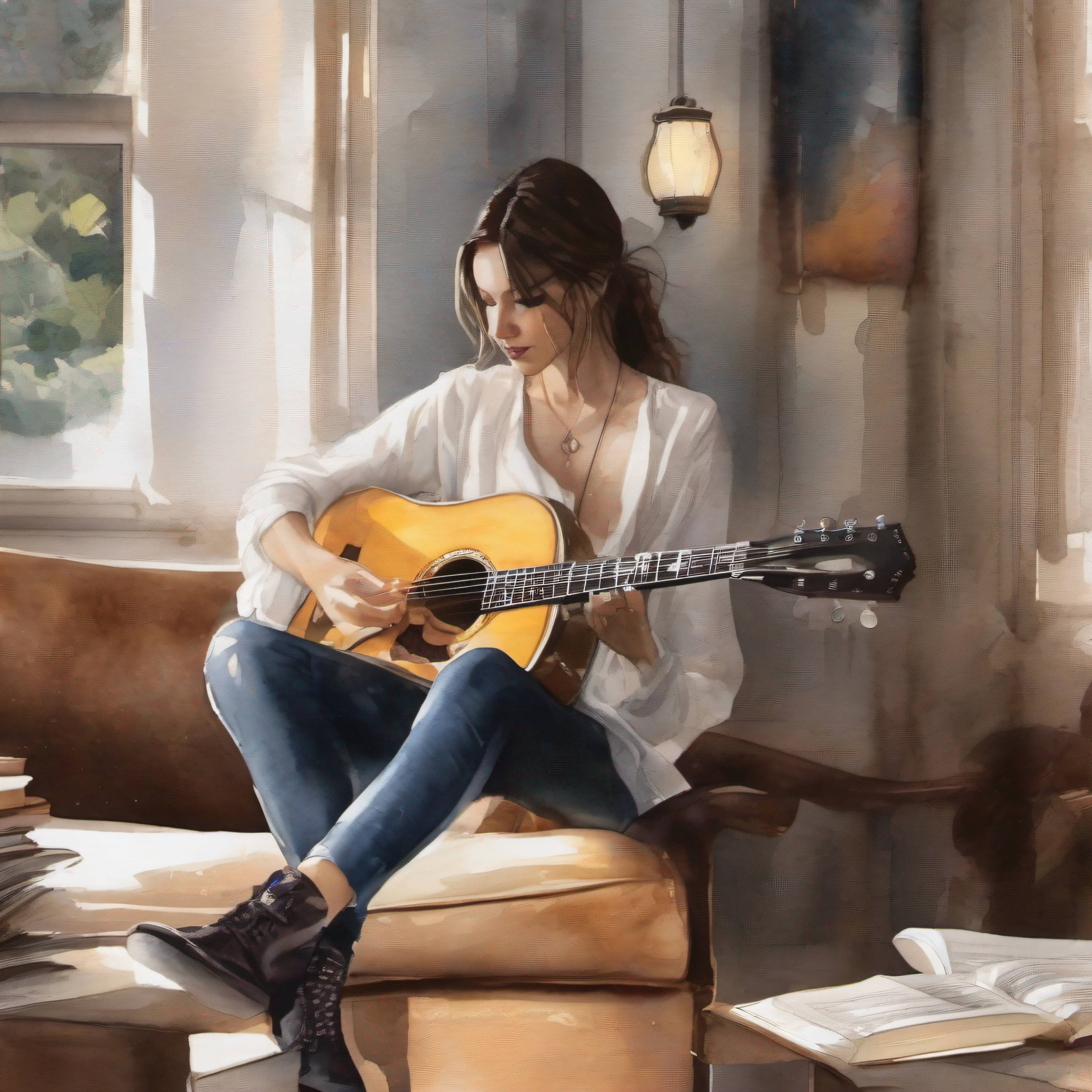 Watercolor style illustration, Music in the classroom, plan, guitarra, mike, realista, hiperrealista, hiperdetallado, foco nítido, fotorrealista, Motor Unreal 5, Renderizado de octanaje, --s 1000