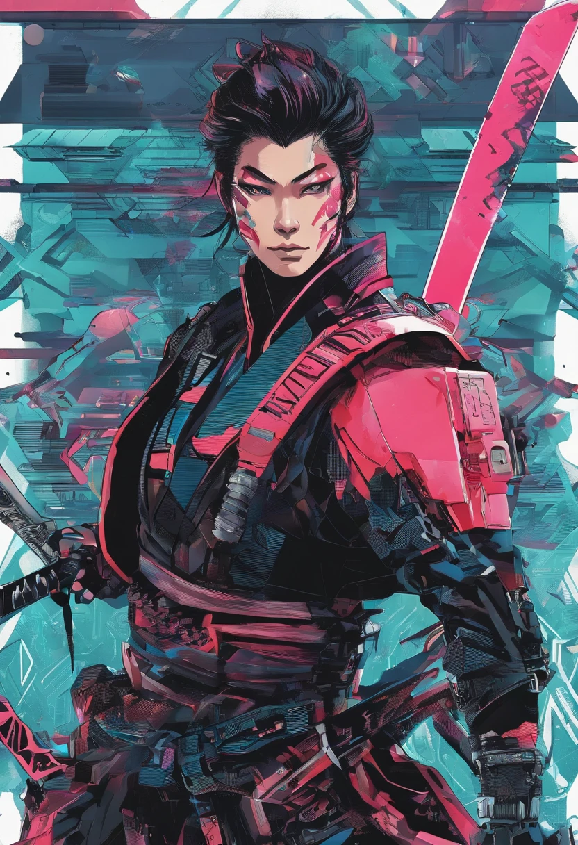 (((um homem samurai adulto com duas espadas na cintura))),(((retrato realista))), lente 35 mm olhar penetrante, cidade ciberpunk extremamente detalhada ao fundo ao fundo, roupas preta, rosto detalhado, jovem, extremamente detalhado, estilo anime, colorido, obra prima, 8k