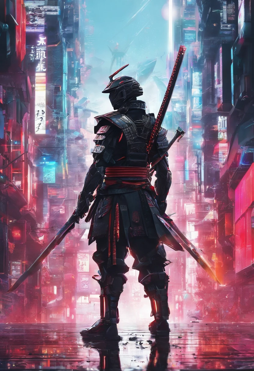 (((um homem samurai adulto com duas espadas na cintura))),(((retrato realista))), lente 35 mm olhar penetrante, cidade ciberpunk extremamente detalhada ao fundo ao fundo, roupas preta, rosto detalhado, jovem, extremamente detalhado, estilo anime, colorido, obra prima, 8k