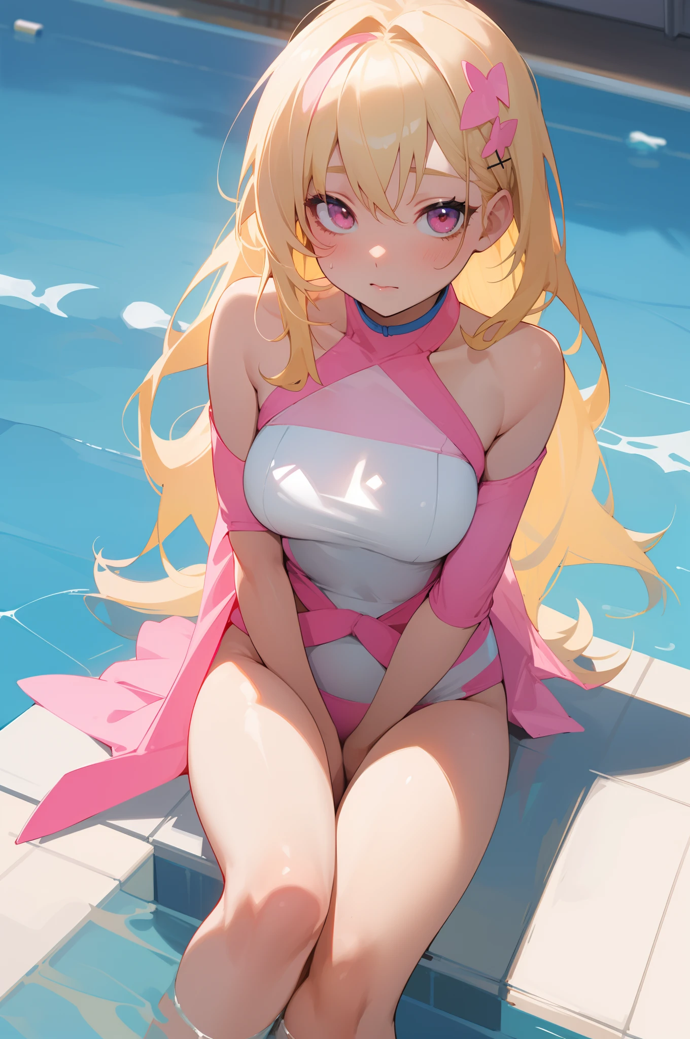 1 girl, blonde hair, blonde woman, hairlong, bright pink eyes, pastel colours, Cute hairpins on your hair, large breasts, looking a viewer, lens school swimsuit, Sitting by the pool