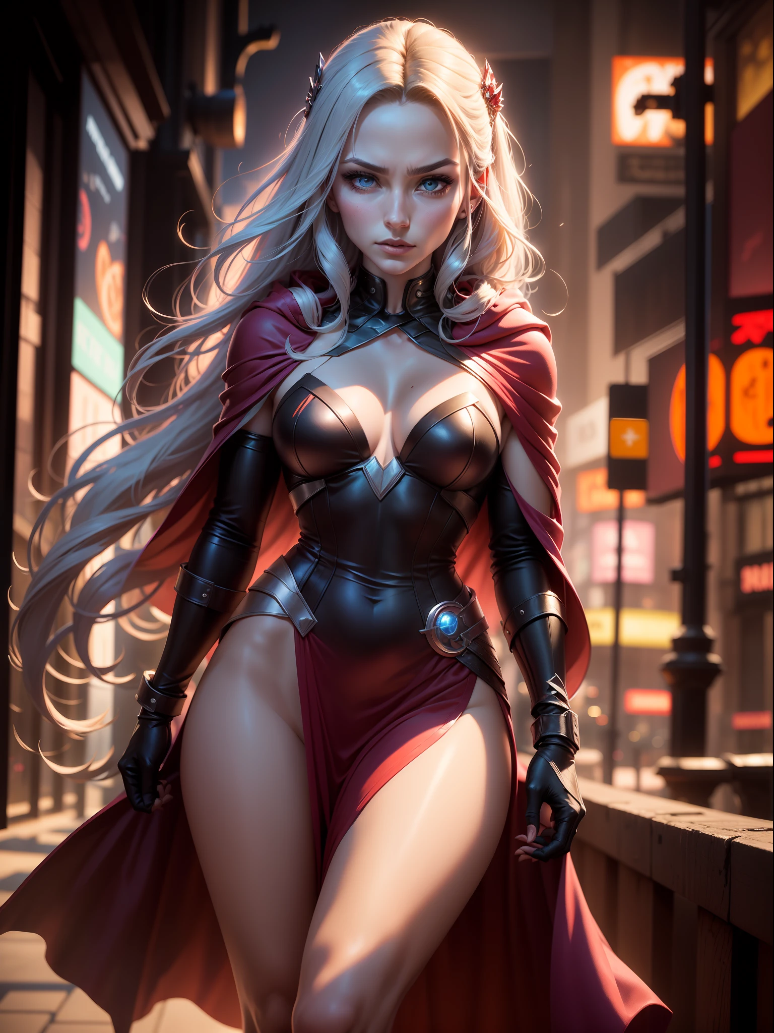(New York: 1.5), (time square: 1.5), Scarlet Witch, whose real name is Wanda Maximoff, has magical powers and a connection to the Avengers. She has a distinct physical appearance and iconic costume. Here is a detailed description of her physical appearance and clothing: Physical appearance: Face: Gorgeous, 35-year-old woman, large intricate eyes, perfect, beautiful Hair: Wanda Maximoff has long and usually brown or dark brown hair. The length of the hair can vary in different representations, but it is often worn loose or with strands falling over the face. Eye: Her eyes are often portrayed as blue. In moments of intense magical or emotional activity, her eyes may glow a brighter shade of intense violet. Height and Physical Shape: She is a woman of medium to tall height with a slender and athletic figure. Her appearance is often described as seductive and elegant. Typical Clothing: Scarlet Witch's costume is the Scarlet Dress: She usually wears a dark red or scarlet dress that covers her entire body, including her arms and legs. The dress is often decorated with black details, such as bands or lines, which give it an elegant and seductive look. Scarlet Cloak: Over her dress, the Scarlet Witch wears a scarlet cloak that often has a cape that can be pulled up and over her head, creating a hooded cape that accentuates her magical and mysterious look. gloves and boots: She wears gloves and boots that match the color of her dress and cape. These gloves and boots are often decorated with black or silver details. tiara crown: In some depictions, Wanda Maximoff wears a crown or tiara that adds a regal touch to her look. This crown usually has a jewel in the center and is used as a symbol of her magical royalty. jewelry: Scarlet Witch is also known to wear magical jewelry, such as the "Eye of Fate," which plays a role in her magical abilities. (slender body: 1.5), (minimal clothes: 1.5), (large breasts: 1.3), (hanging breasts: 1.5), (disproportio