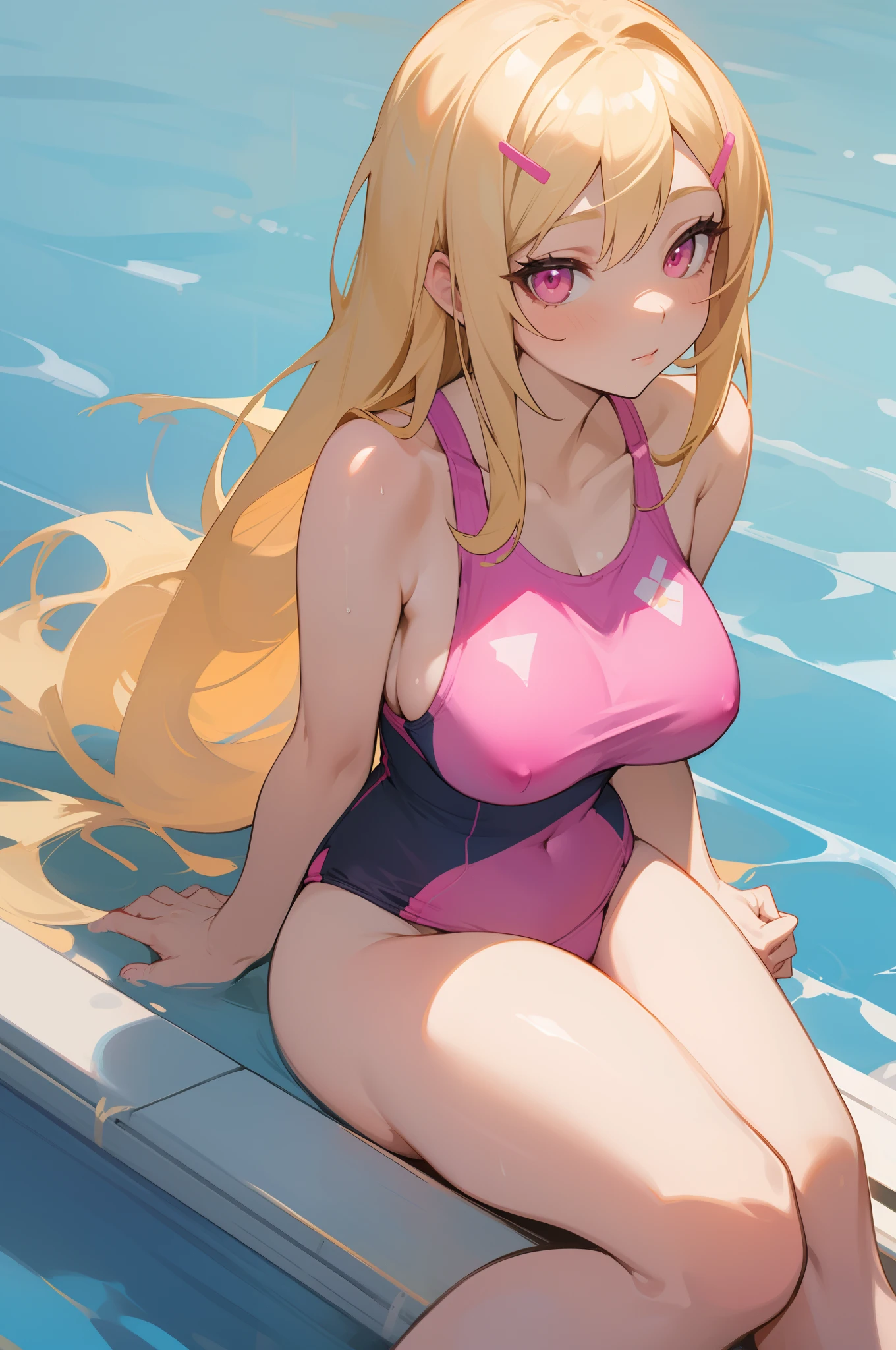 1 girl, blonde hair, blonde woman, hairlong, bright pink eyes, pastel colours, Cute hairpins on your hair, large breasts, looking a viewer, lens school swimsuit, Sitting by the pool