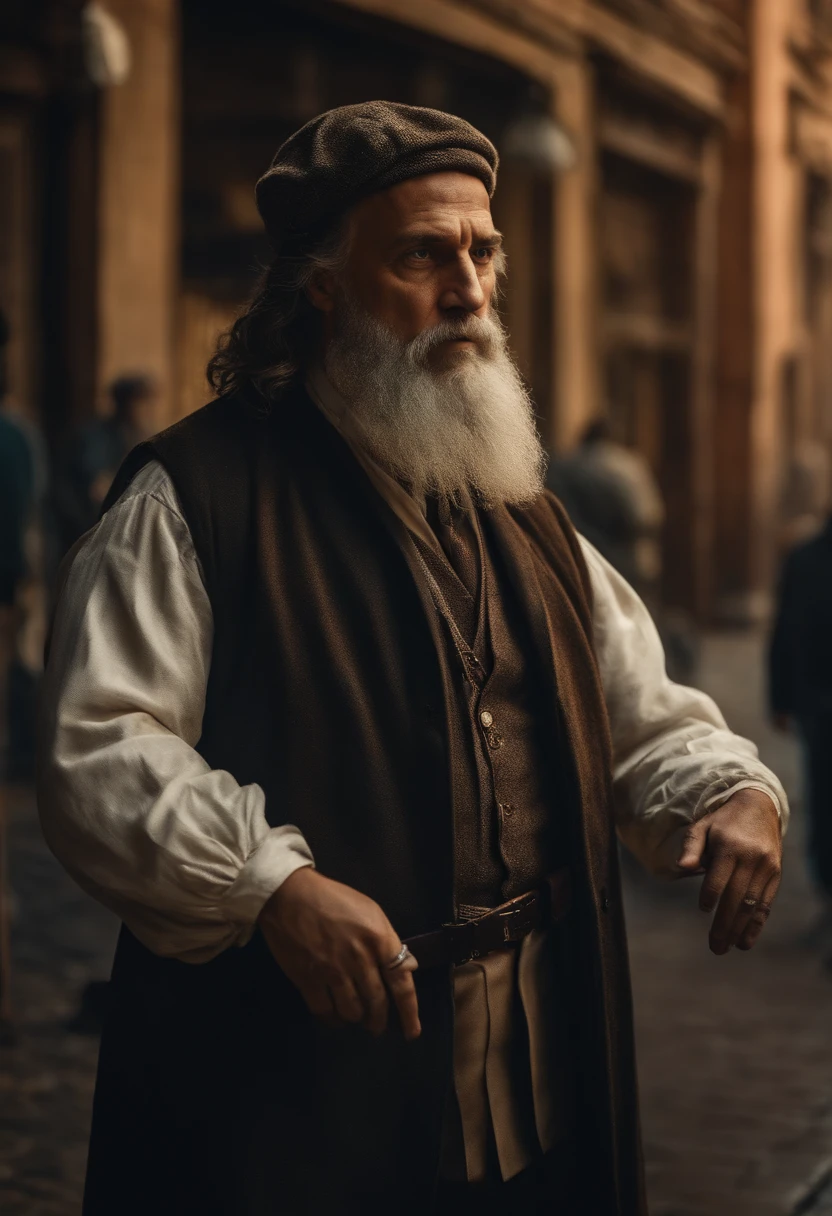 Leonardo da Vinci in the style of a gangster on a cinematic street