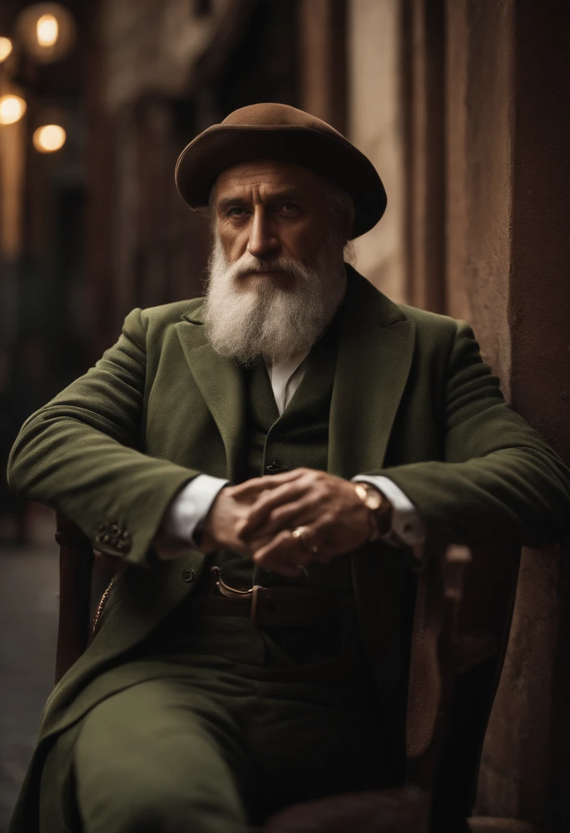 Leonardo da Vinci in the style of a gangster on a cinematic street