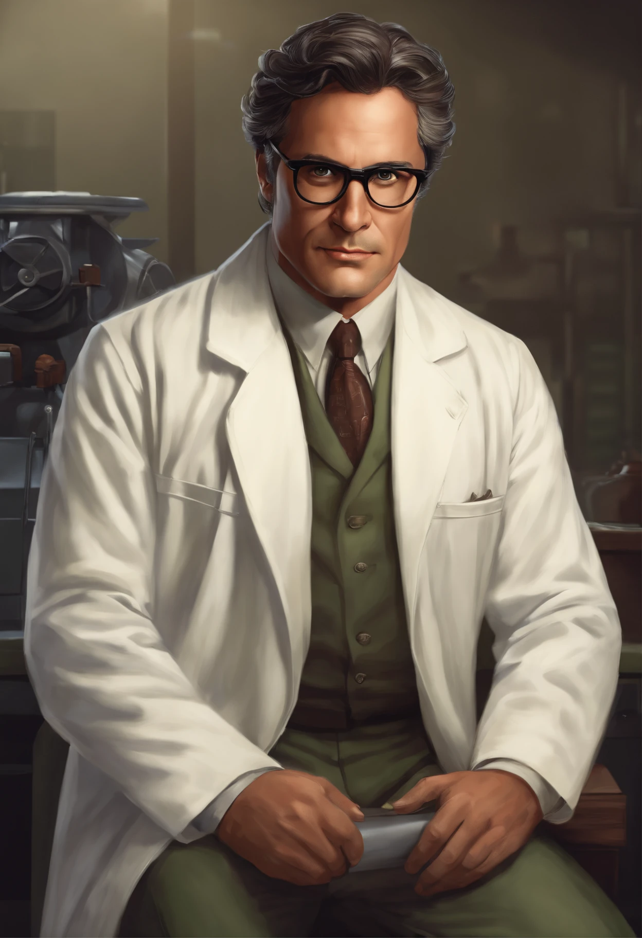 portray Bruce Banner as a middle-aged scientist with dark brown or black hair combed back and brown eyes wearing a lab coat and his glasses with thick, rectangular frame glasses that lend an air of intellectuality and scientificity to his appearance;. Their physical constitution is usually described as lean with average height.