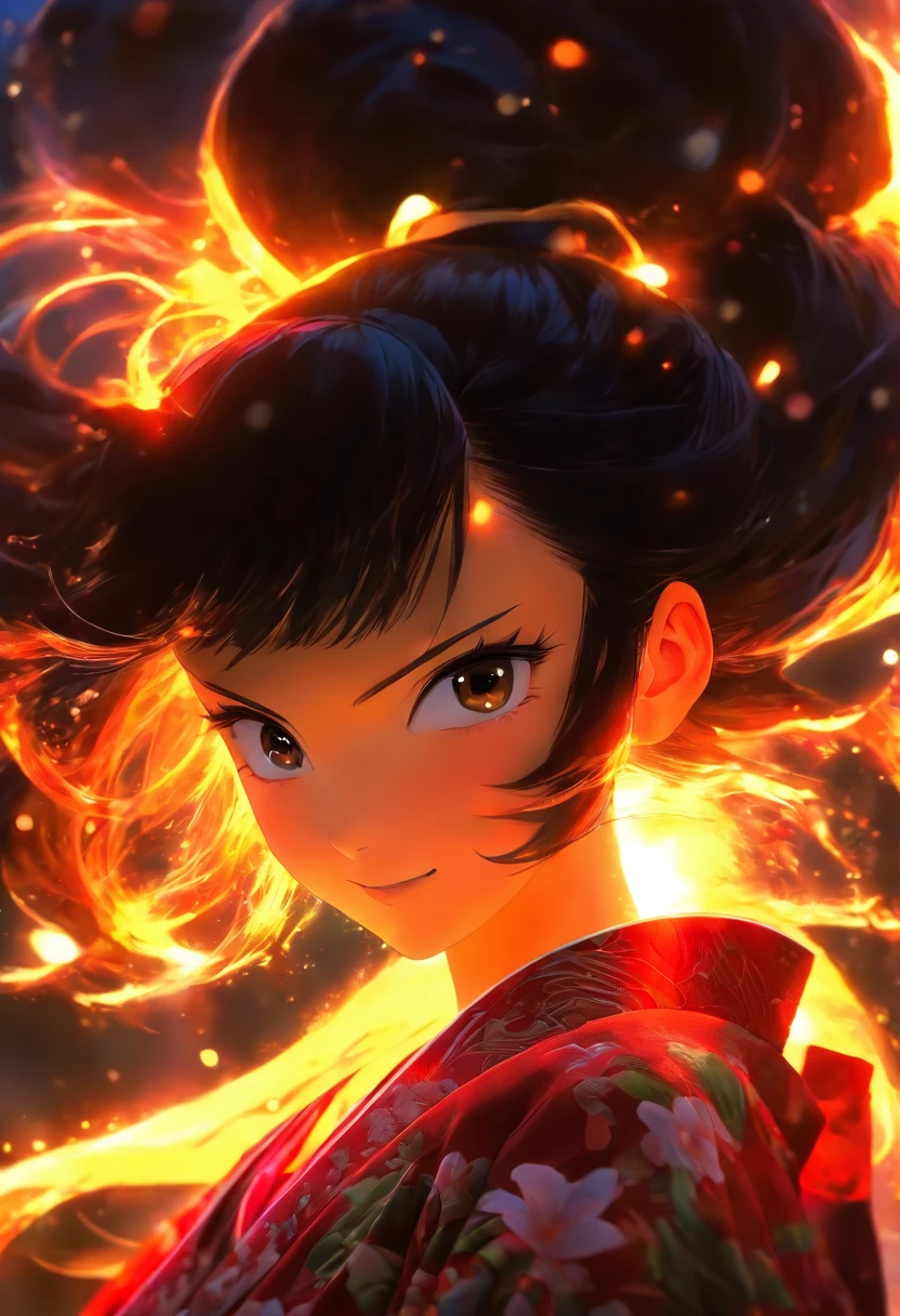 black hair, hime cut, long hair, expressive hair, hair strand,black kimono, seductive smile, anime, anime style, chiaroscuro, backlighting, from side, lens flare, best quality, award winning, super detail, high details, high quality, ccurate, anatomically correct