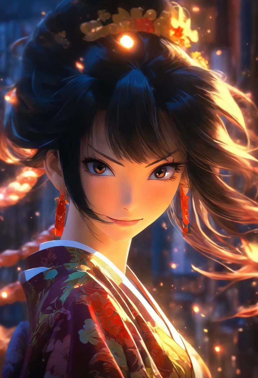 black hair, hime cut, long hair, expressive hair, hair strand,black kimono, seductive smile, anime, anime style, chiaroscuro, backlighting, from side, lens flare, best quality, award winning, super detail, high details, high quality, ccurate, anatomically correct
