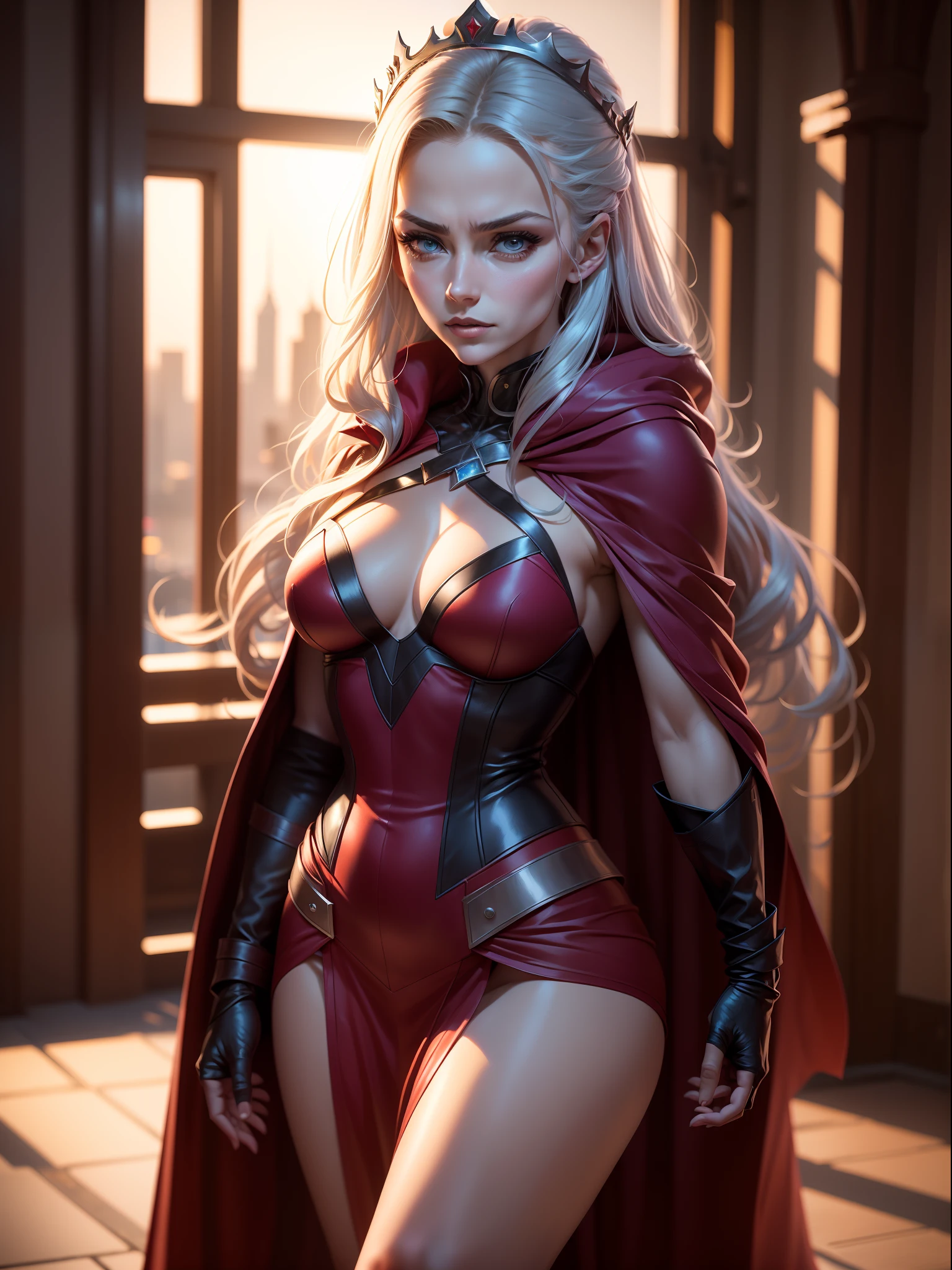 (New York: 1.5), (time square: 1.5), Scarlet Witch, whose real name is Wanda Maximoff, has magical powers and a connection to the Avengers. She has a distinct physical appearance and iconic costume. Here is a detailed description of her physical appearance and clothing: Physical appearance: Face: Gorgeous, 35-year-old woman, large intricate eyes, perfect, beautiful Hair: Wanda Maximoff has long and usually brown or dark brown hair. The length of the hair can vary in different representations, but it is often worn loose or with strands falling over the face. Eye: Her eyes are often portrayed as blue. In moments of intense magical or emotional activity, her eyes may glow a brighter shade of intense violet. Height and Physical Shape: She is a woman of medium to tall height with a slender and athletic figure. Her appearance is often described as seductive and elegant. Typical Clothing: Scarlet Witch's costume is the Scarlet Dress: She usually wears a dark red or scarlet dress that covers her entire body, including her arms and legs. The dress is often decorated with black details, such as bands or lines, which give it an elegant and seductive look. Scarlet Cloak: Over her dress, the Scarlet Witch wears a scarlet cloak that often has a cape that can be pulled up and over her head, creating a hooded cape that accentuates her magical and mysterious look. gloves and boots: She wears gloves and boots that match the color of her dress and cape. These gloves and boots are often decorated with black or silver details. tiara crown: In some depictions, Wanda Maximoff wears a crown or tiara that adds a regal touch to her look. This crown usually has a jewel in the center and is used as a symbol of her magical royalty. jewelry: Scarlet Witch is also known to wear magical jewelry, such as the "Eye of Fate," which plays a role in her magical abilities. (slender body: 1.5), (minimal clothes: 1.5), (large breasts: 1.3), (hanging breasts: 1.5), (disproportio