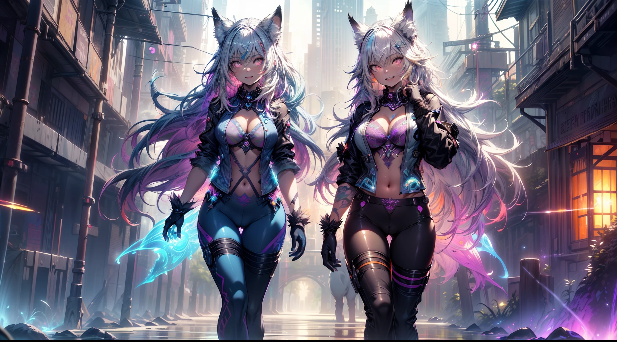 spiritual blue fire fluffy fox girl, (fluffy fox ears, fluffy fox tail), (spirit, spiritual:1.4), (blue fire:1.5), 1girl, perfect and well designed glowing shiny eyes, (beautiful detailed eyes:1.05), natural breasts, slim body, beautiful and delicate cute face, (face detail), ((realistic face)), pores, ((pale grey skin)), detailed skin, realistic skin, (((bioluminescence))), ((shiny skin)), ((glowing speckles on skin)), (fangs:1.5), (multicolored gradation skin), (monster girl:1.25), (fur body:1.4), human face, medium length hair, hair voluminous, (((((multicolored gradation hair))))), super high resolution, 8k, parameters Best quality, (masterpiece:1.4), (magic accessories:1.4), bracelets, extremely detailed thick tight ({nylon|lycra}:1.5) pastel bright ((dark blue, (blue:0.4), silver:1.3), (pink, purple:0.75)) ornate ((shirt with stand-up collar:1.5), (vest:1.25), (pants:1.5)), (tight clothes:1.4), (standing nipples under cloth:1.15), (cameltoe:1.3), (ornaments on clothing:1.5), (neckline:1.3), (cleavage:1.2), decolette, navel, Young Girl, Little Beast, (Smile:0.7), (pale Skin:1.4), ((tattoos all over body, Tribal tattoos all over legs)), ultra detailed, photorealistic, ((Real image)), (best quality:1.4), super high resolution, (Realistic 2.0), More details, (((1girl))), urbanism, futuristic, {fantasy|cyberpunk}, technologies, (beautiful and aesthetic:1.2), (fractal art:1.4), (cinematic light:1.1), (DUTCH ANGLE:1.3), 16K, HDR, RTX, Ray Tracing, Radiosity, Anisotropic Filtering, Subsurface Scattering, (((magic lights))), metallic reflections, Detailed, Realistic, 4k highly detailed digital art, (cool_color), extremely detailed CG unity 8k wallpaper, vibrant colors, (((seductive pose)))